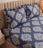 Royal Blue Motif Polycotton Double King Fitted Bedsheet With 2 Frill Pillow Covers