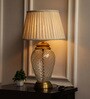 Royal Brass Antique Finish And Diamond Cut Glass Table Lamp 25 Inches Height With Off White Pleated 14 Inches Diameter Lampshade