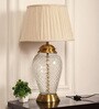 Royal Brass Antique Finish And Diamond Cut Glass Table Lamp 25 Inches Height With Off White Pleated 14 Inches Diameter Lampshade