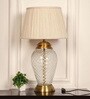 Royal Brass Antique Finish And Diamond Cut Glass Table Lamp 25 Inches Height With Off White Pleated 14 Inches Diameter Lampshade