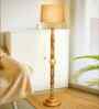Royal Carving Wooden Floor Lamp with Fabric Yellow Shade, Antique White Finish