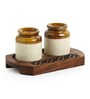 Royal Garnishers 80ml Multicolour Ceramic (Set of 3) Salt & Pepper Shaker with Sheesham Wood Tray