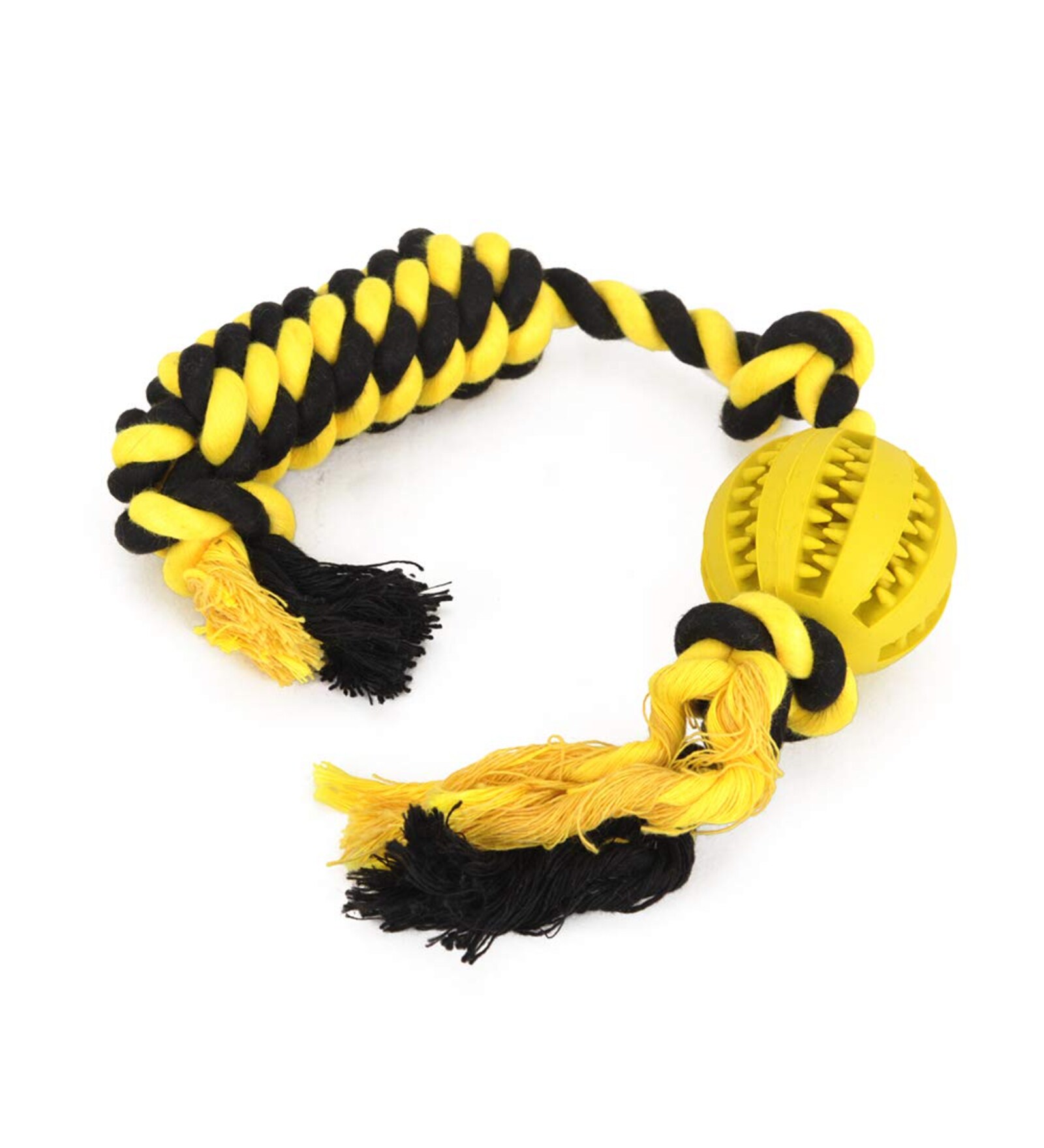 Ball Dog Yellow & Black Non- Toxic Rubber Rope Toy Ball Dog Yellow & Black Non- Toxic Rubber Rope Toy