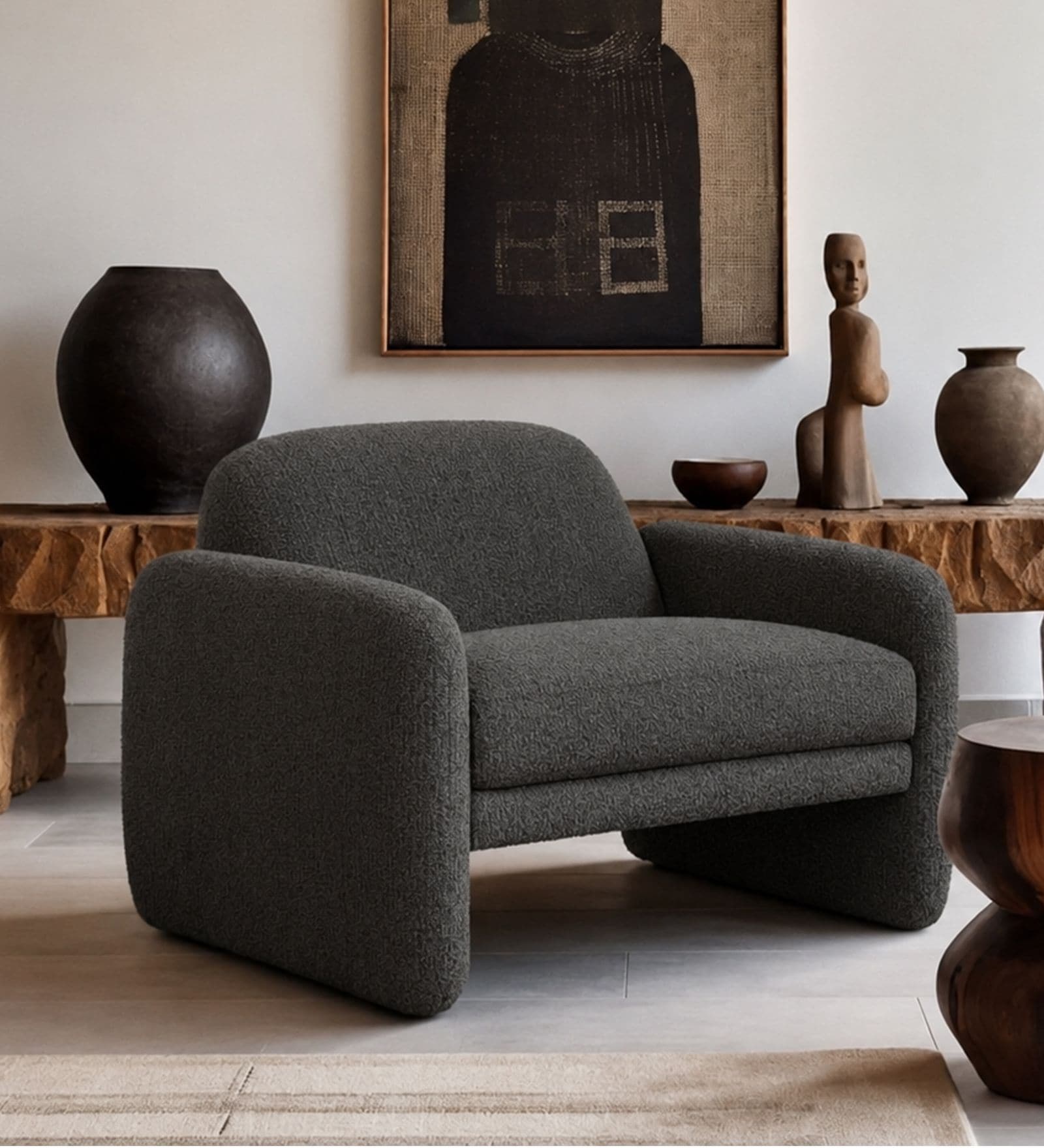 Ruby Charcoal Colour Lounge Chair In Boucle Fabric
