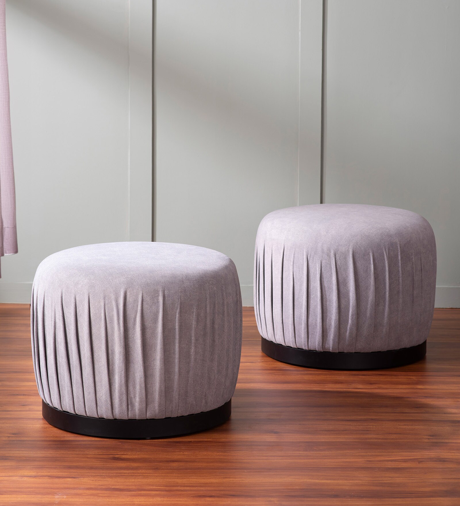 Ruffled Fabric Pouffe In Beige Colour (Set Of 2)