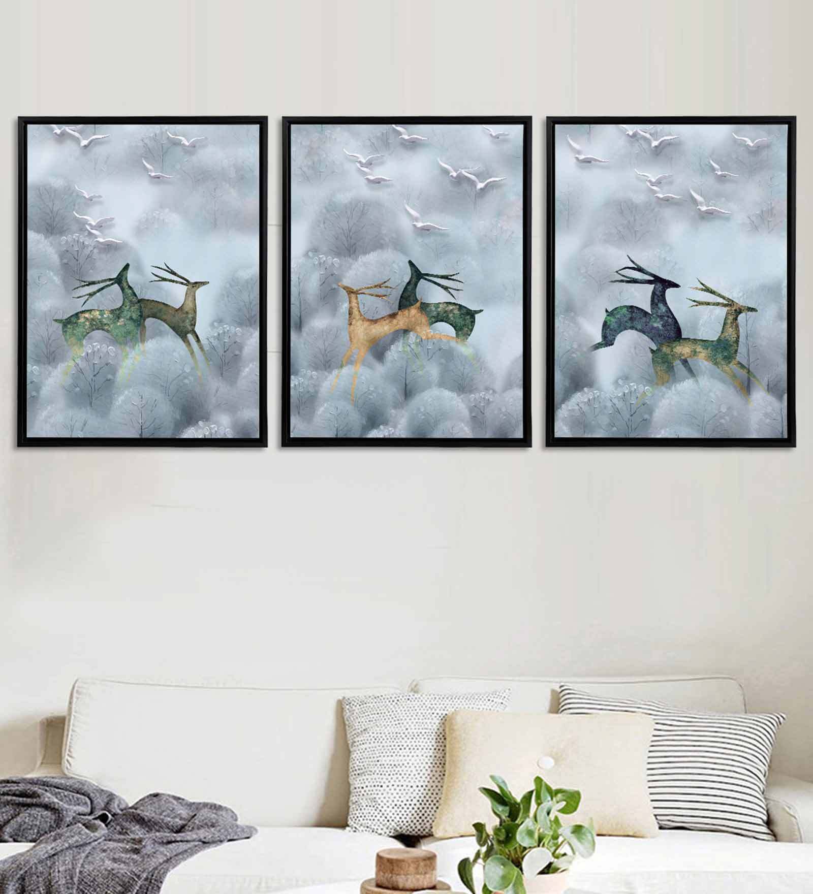 Deer Multicolour Canvas Framed People and Places Art Panels Set of 3