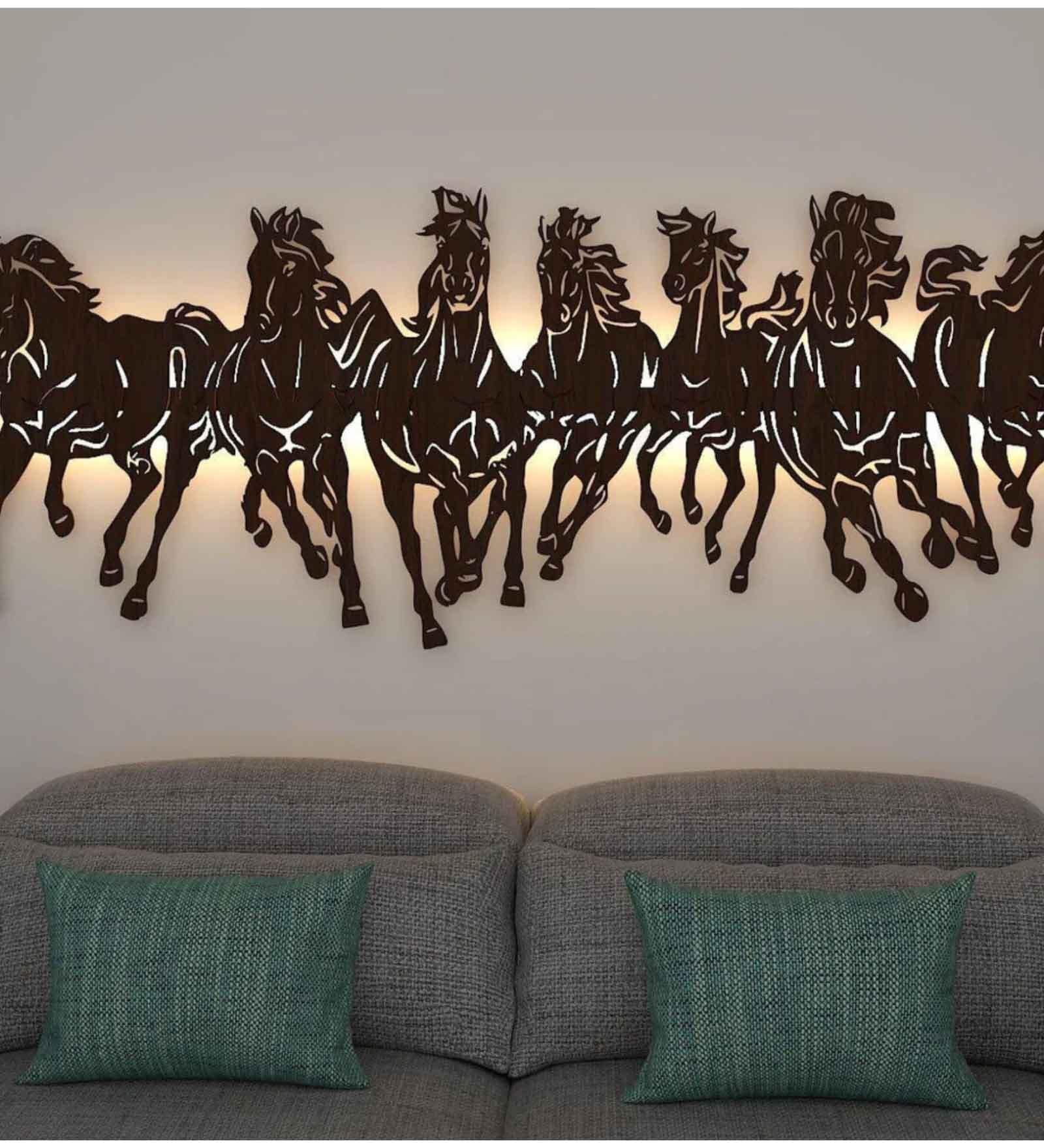 Running Horses Golden Walnut Engineered Wood Wall Art With LED Light