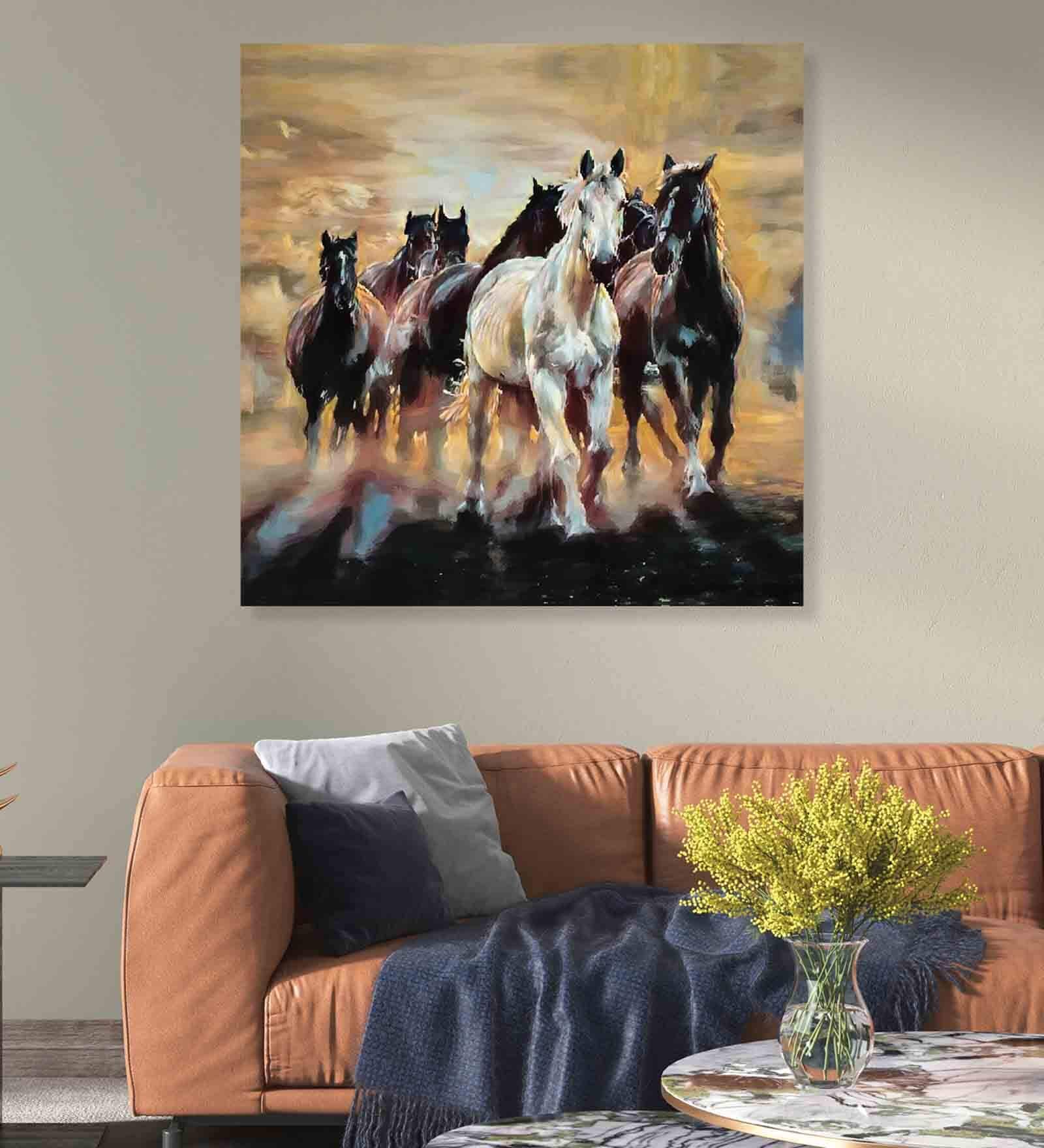 Running Horses Multicolour Canvas Unframed Wall Painting