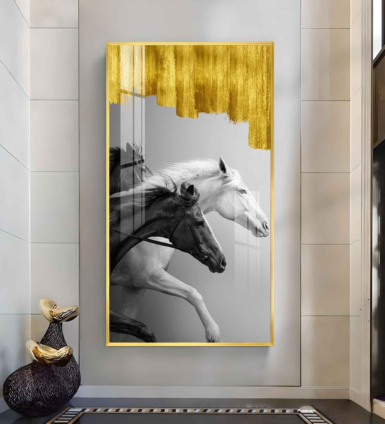 Running Stallions Glass Finish Vertical Wall Art