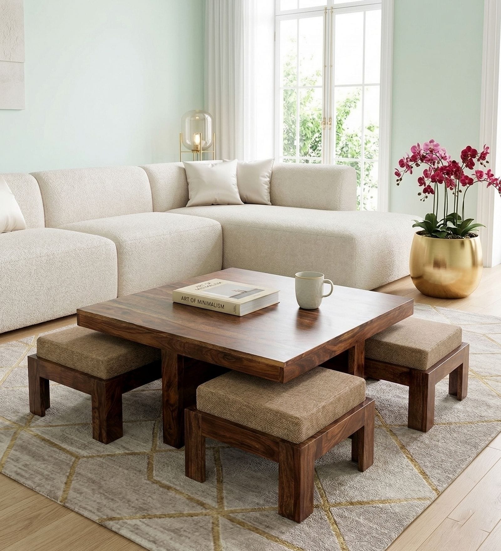 Russell Sheesham Wood Nesting Coffee Table Set in Teak Finish with 4 stools