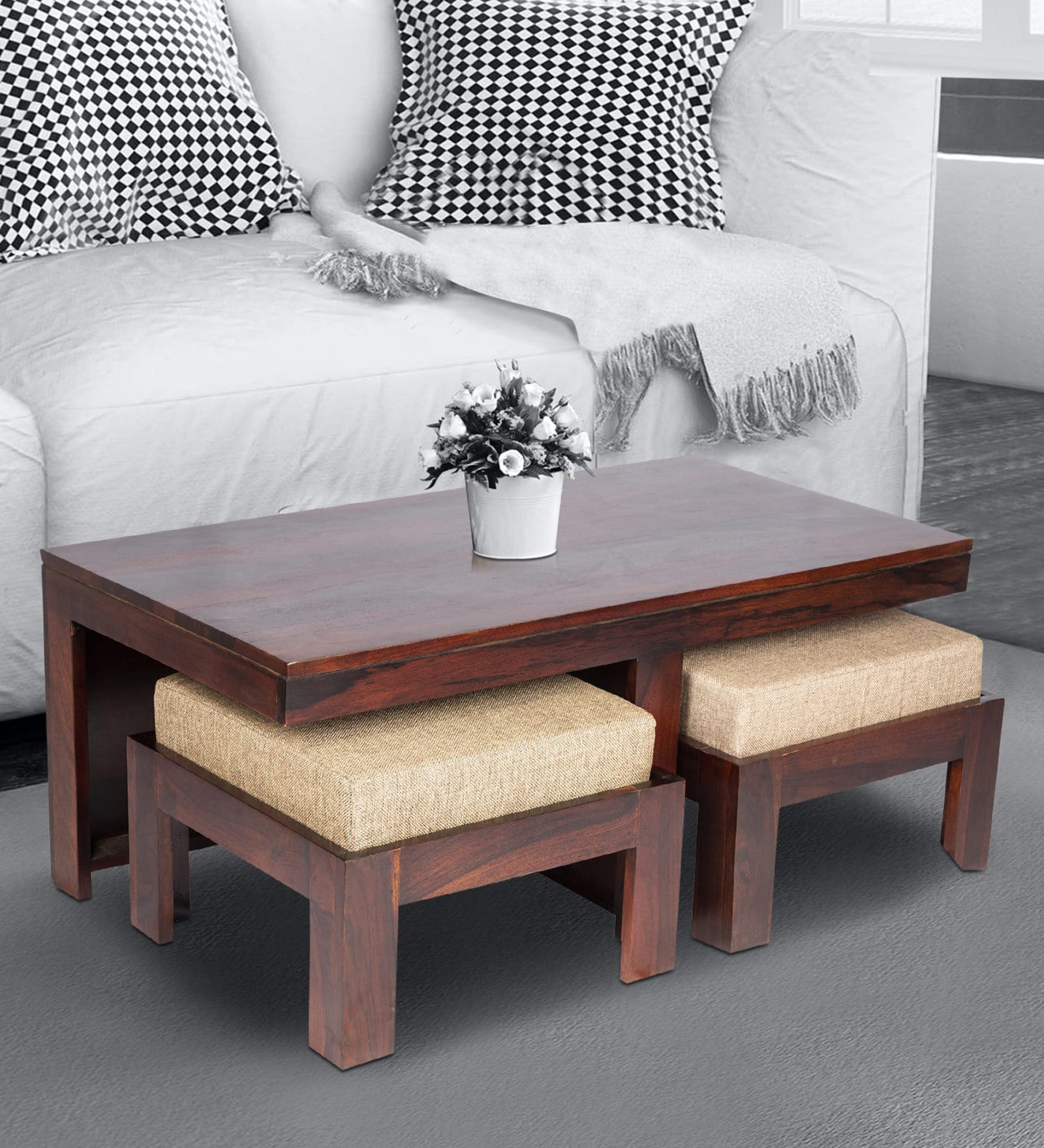 Russell Sheesham Wood Nesting Coffee Table Set in Walnut Finish with 2 stools Russell Sheesham Wood Nesting Coffee Table Set in Walnut Finish with 2 stools