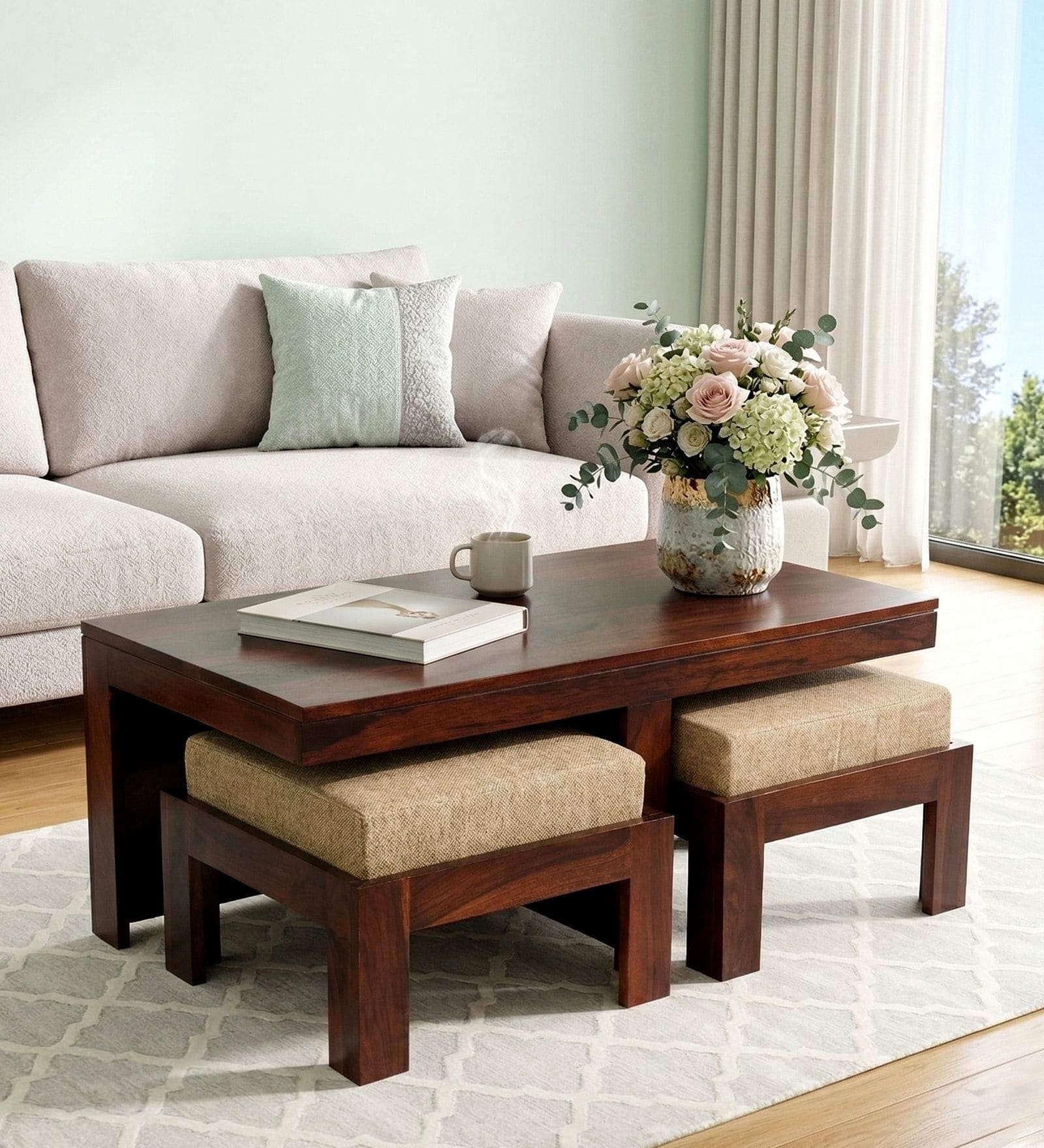 Russell Sheesham Wood Nesting Coffee Table Set in Walnut Finish with 2 stools