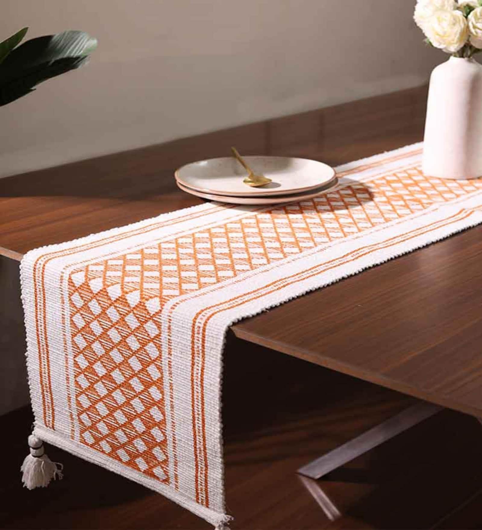 Rust & Ivory Luxury Woven Table Runner with Decorative Tassels