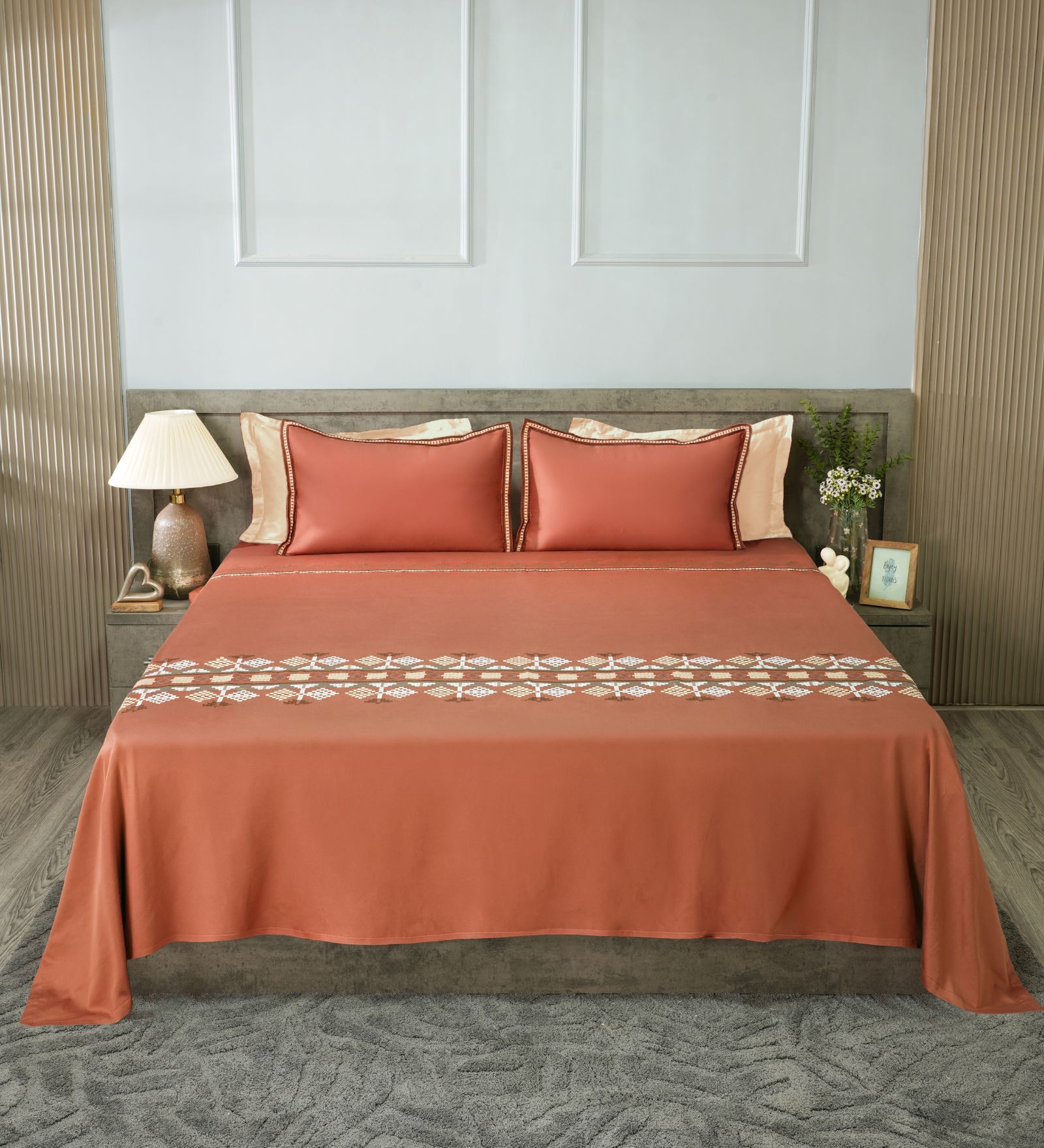 Rust Clay 300TC 100% Cotton Solids Flat Embroidered Super King Bedsheet With 2 Pillow Covers