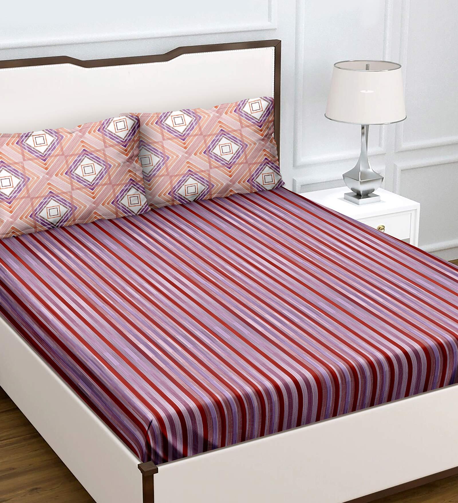 Rust Striped 180 TC Cotton Queen Sized Bed Sheets with 2 Pillow Covers