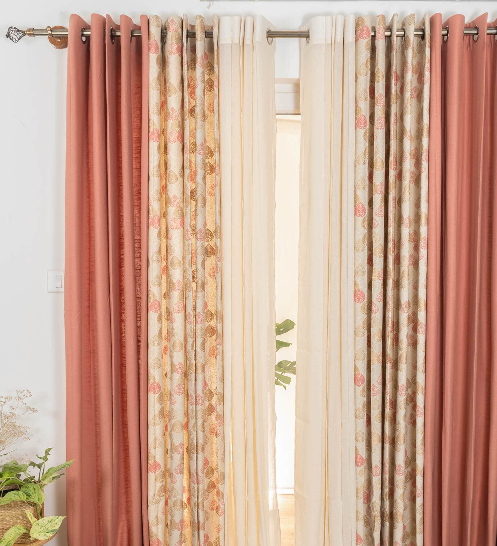 Rust Solid Cotton 7.5 Ft Semisheer Eyelet Door Curtains (Set of 6)