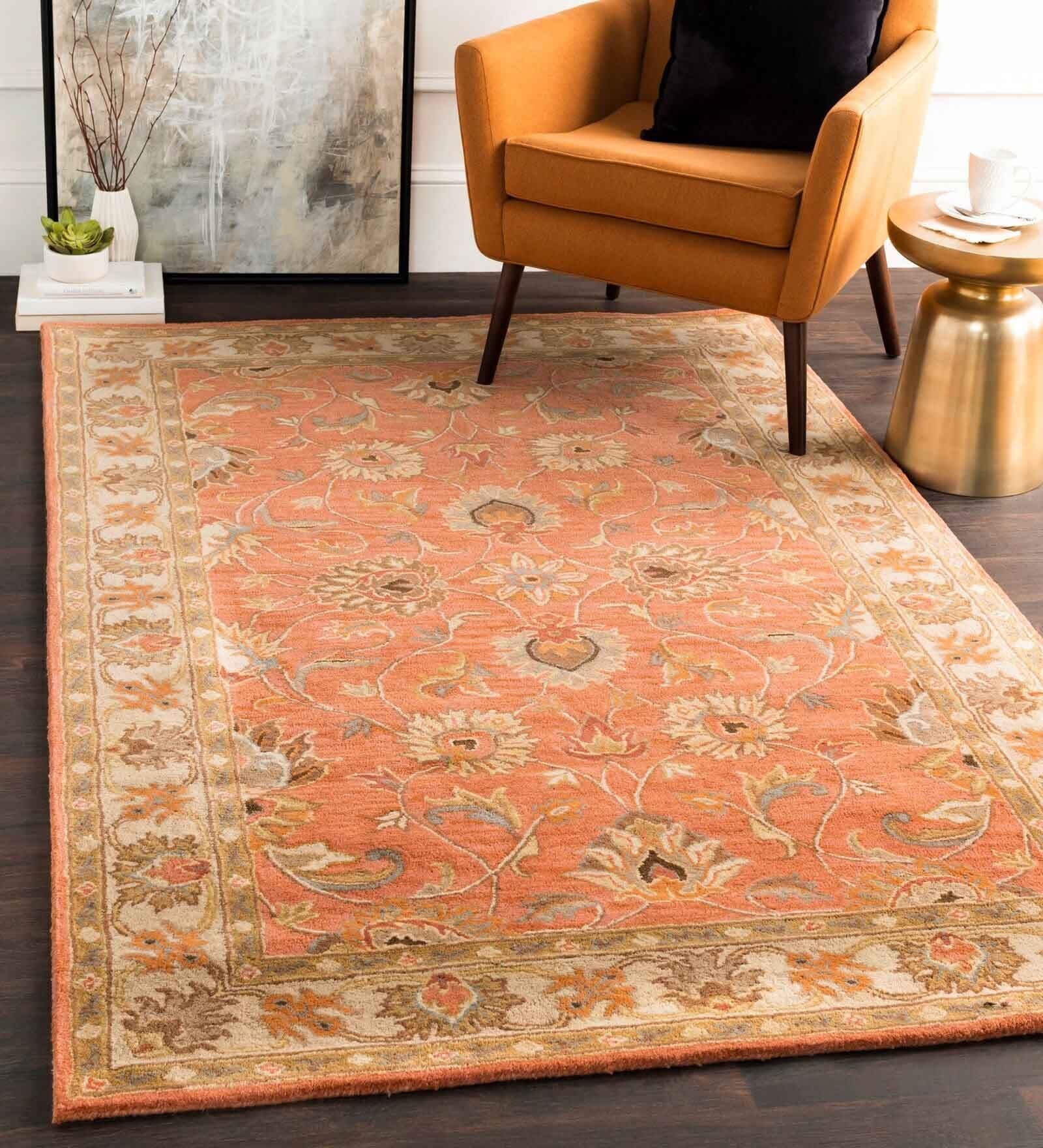 Rust Floral Wool 8 ft x 10 ft Hand tufted Carpet