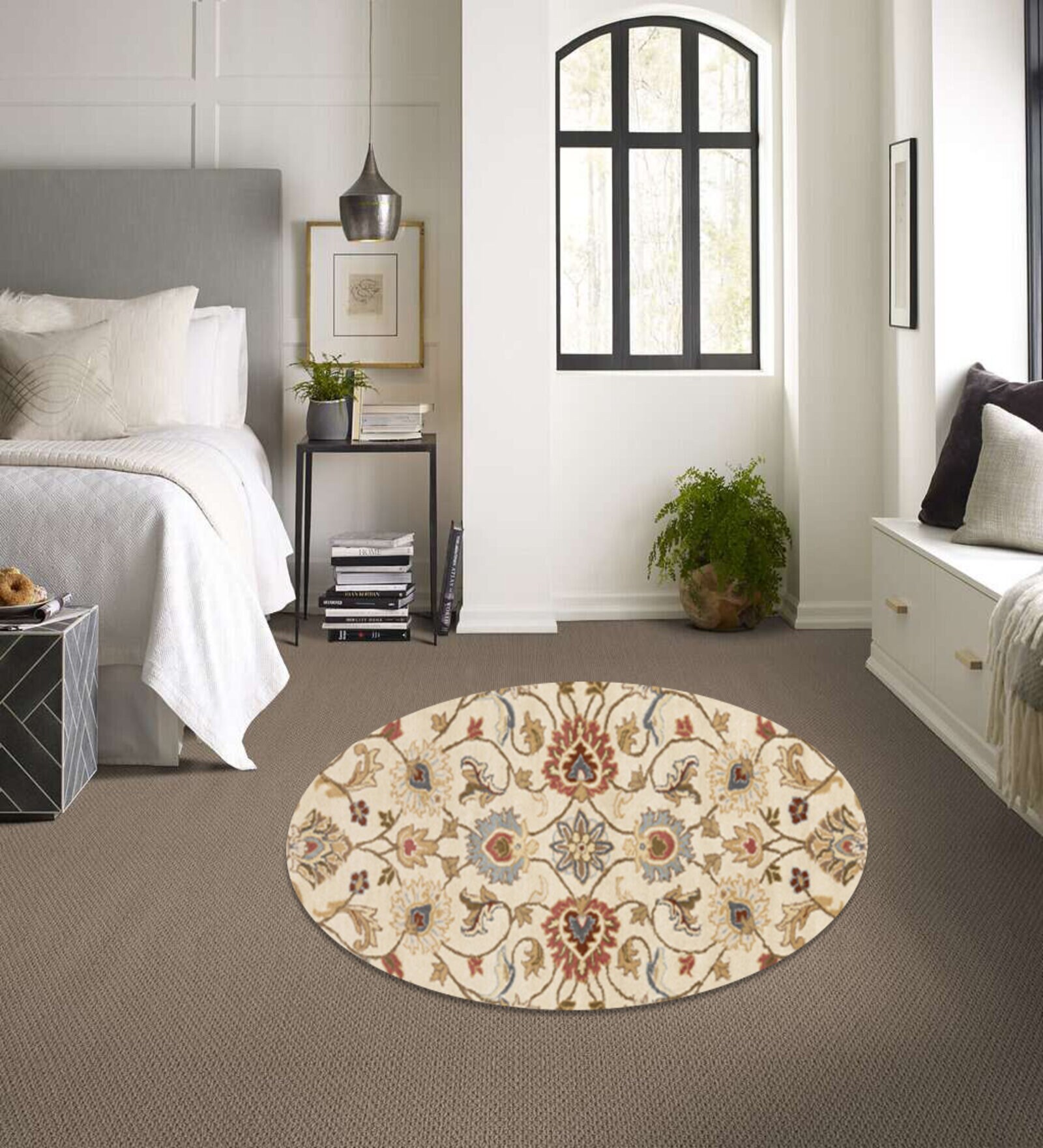 White Floral Wool Round Carpets Hand tufted Carpet