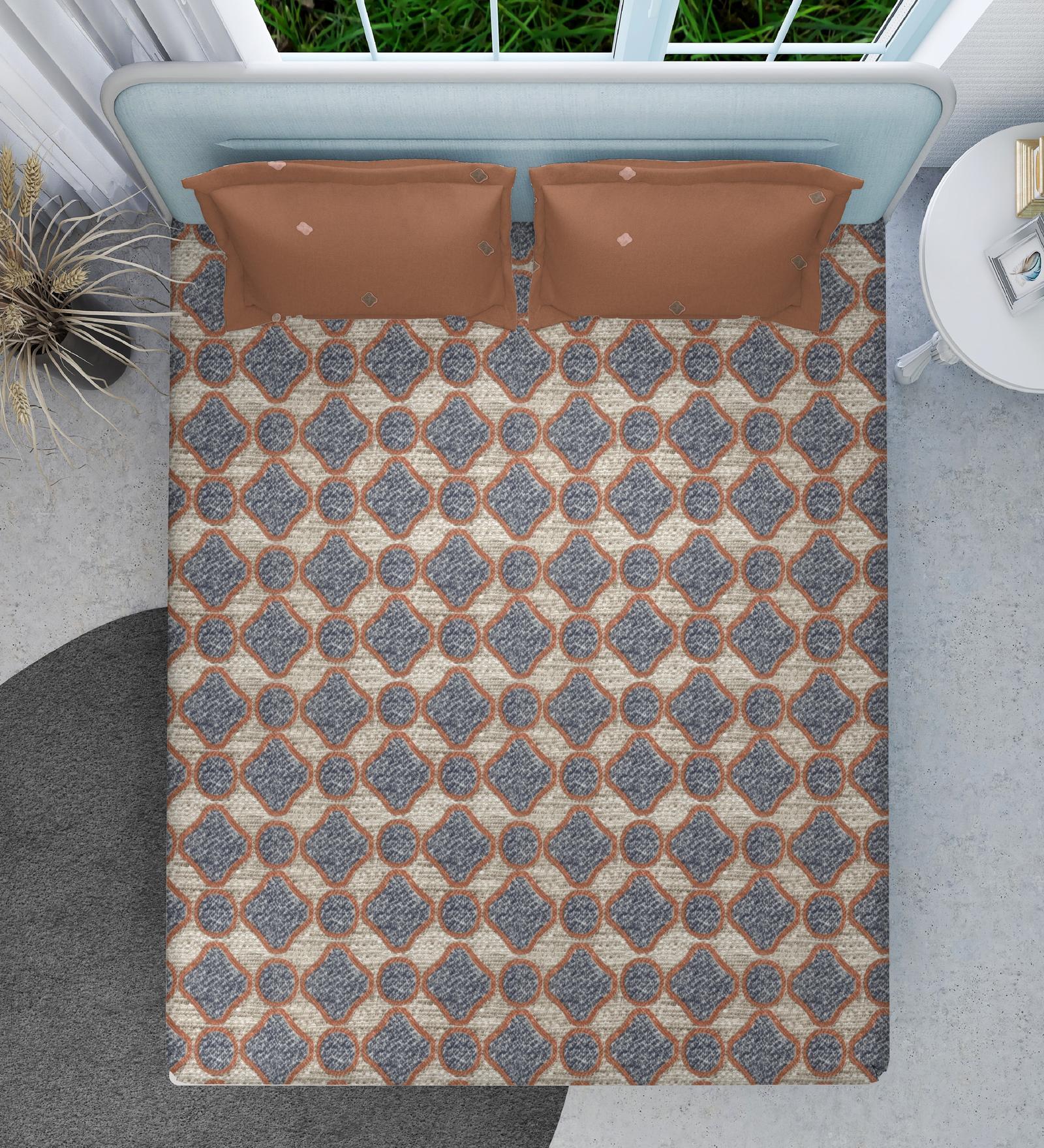 Rust Geometric 160 TC Microfiber Queen Sized Double Bedsheet with 2 Pillow Covers Modern Mosaic Collection