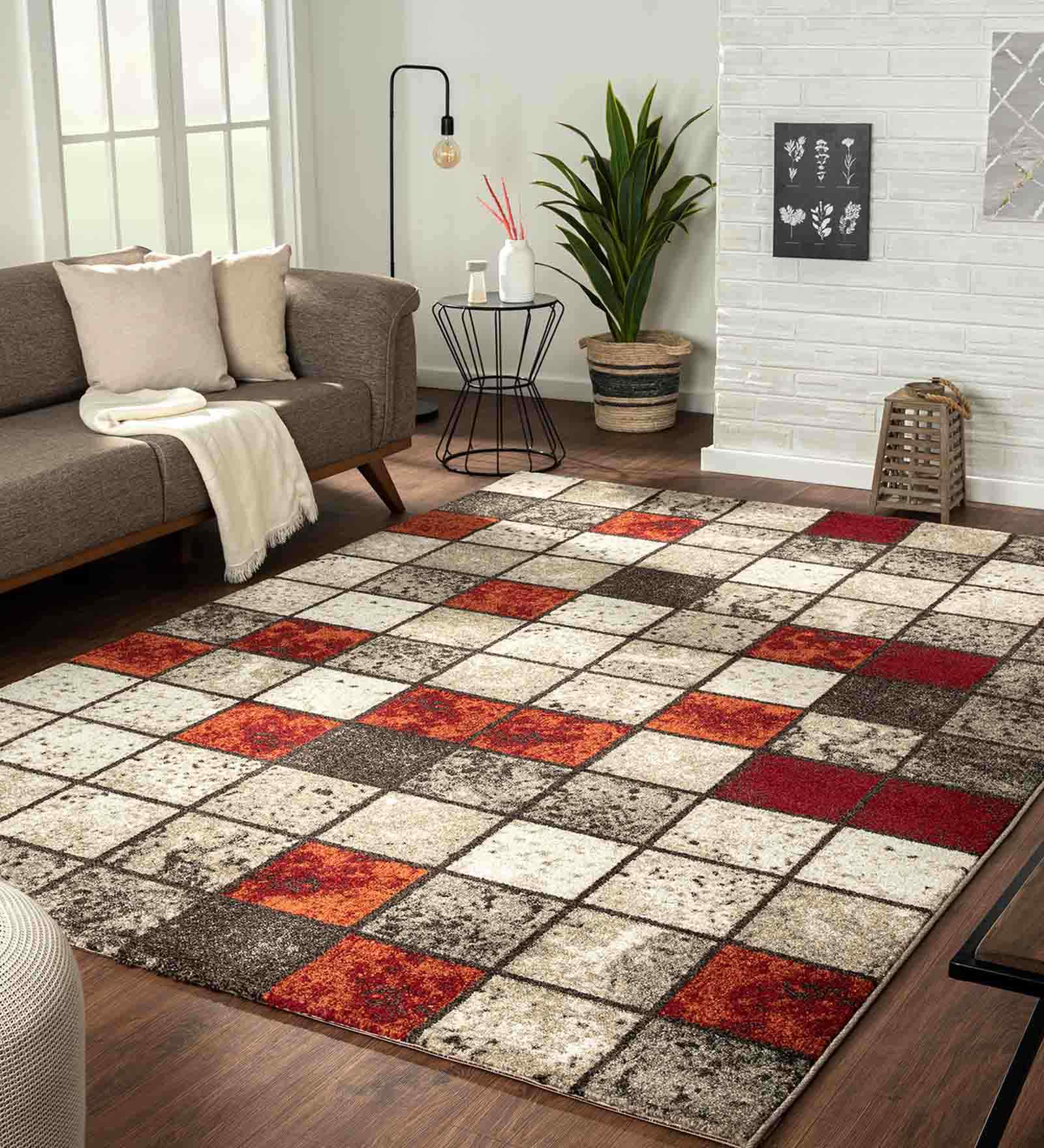 Rust Geometric Polypropylene 5x8 Feet Machine Made Carpet