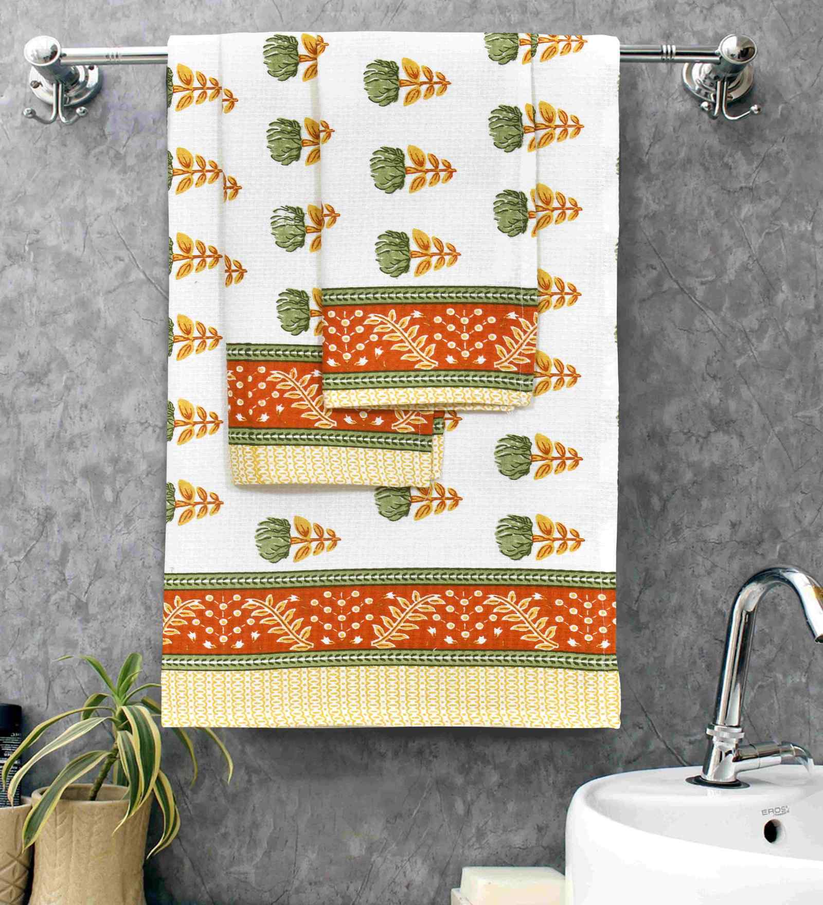 Rust Madhuban Floral Waffle Cotton 250 GSM Bath & Hand Towel Set