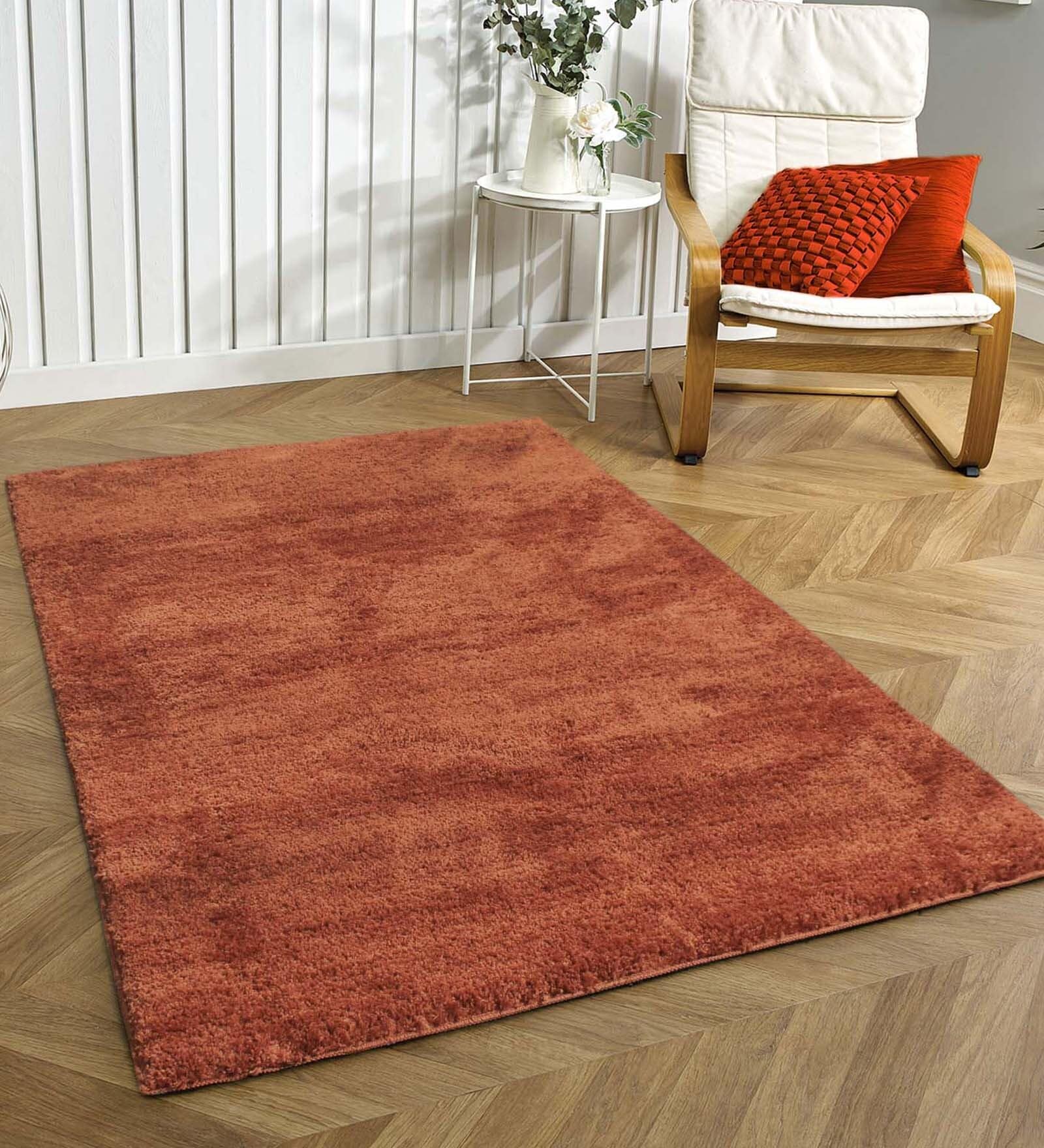 Rust Solid Microfibre 4 ft x 6 ft Machine Made Carpet