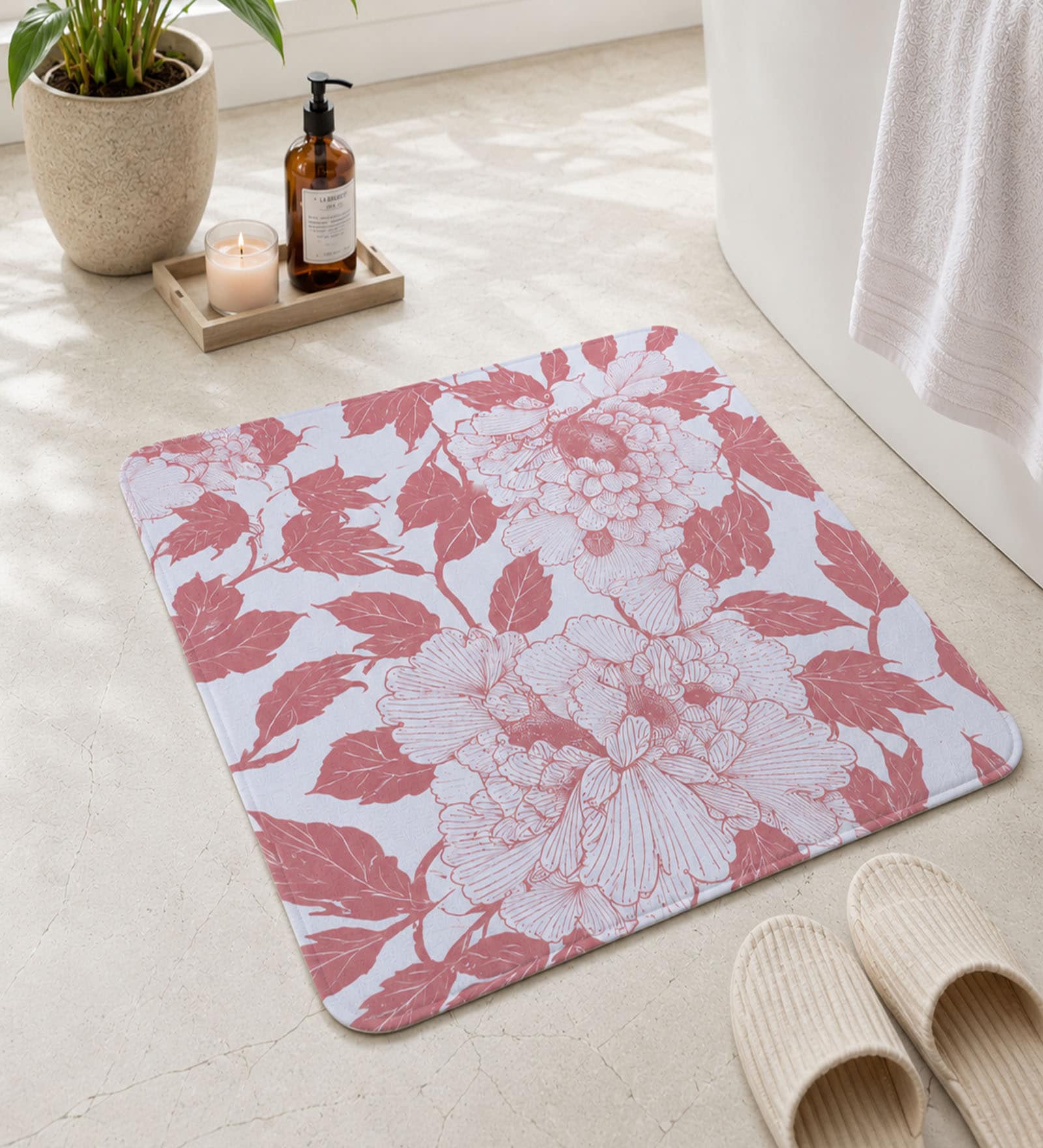 Rust Orange Floral Printed Rubber 22x14 Inches Anti Skid Bath Mat
