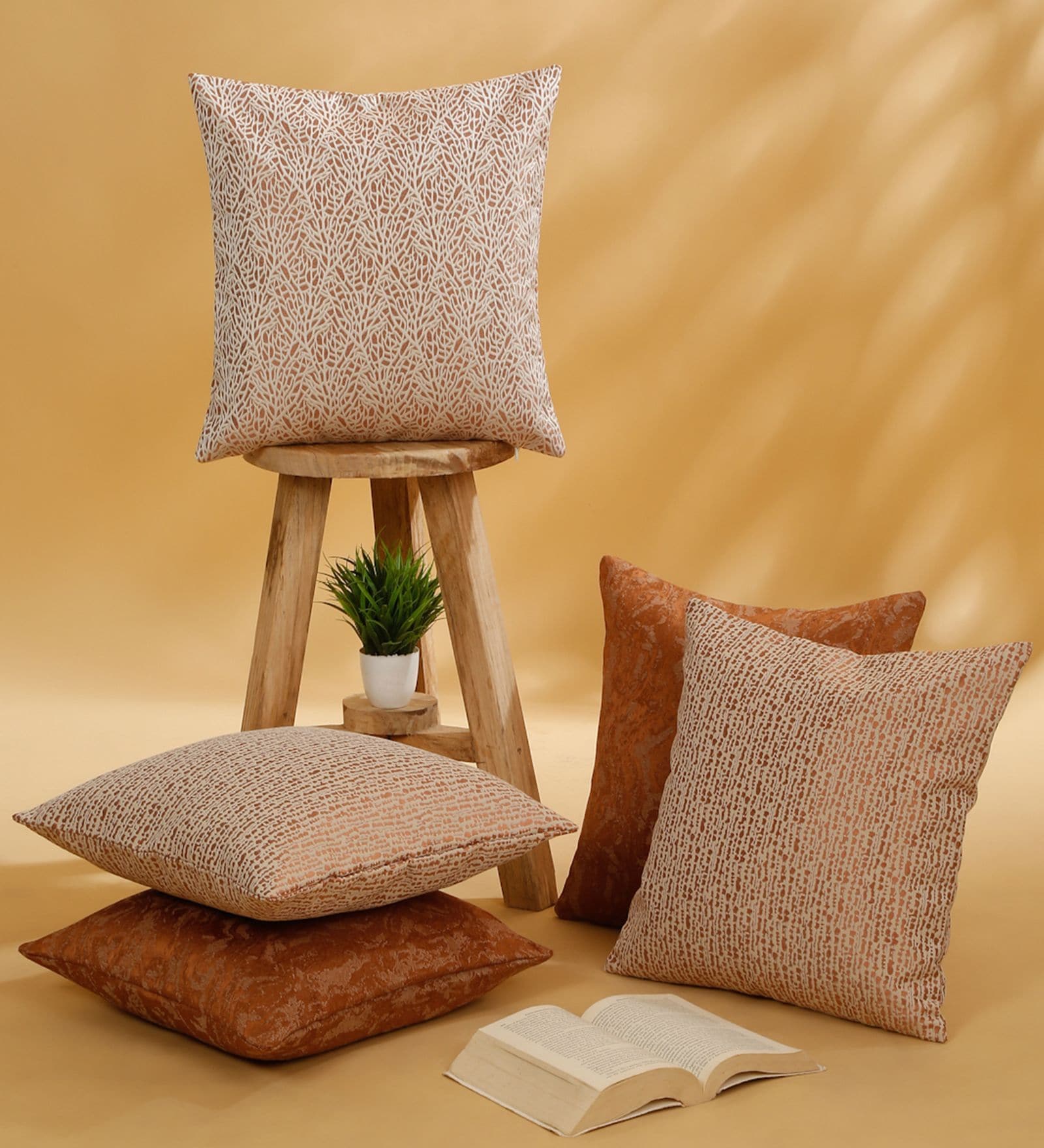Rust Polyester Jacquard 16x16 inches Cushion Cover Set of 5