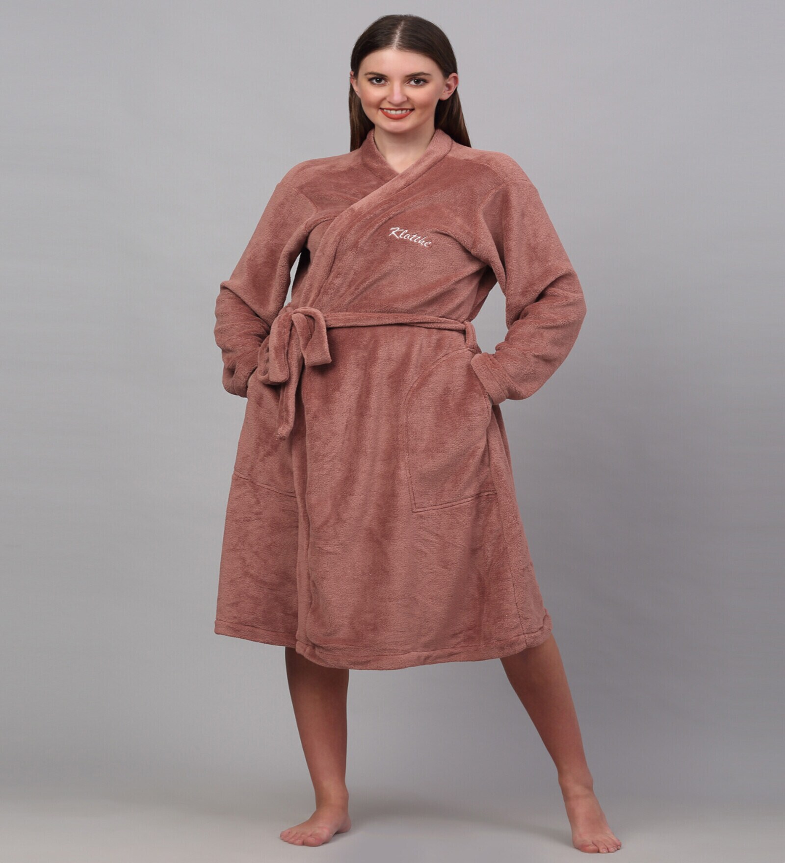 Rust Solid Woolen Women Bath Robe With Belt (M)