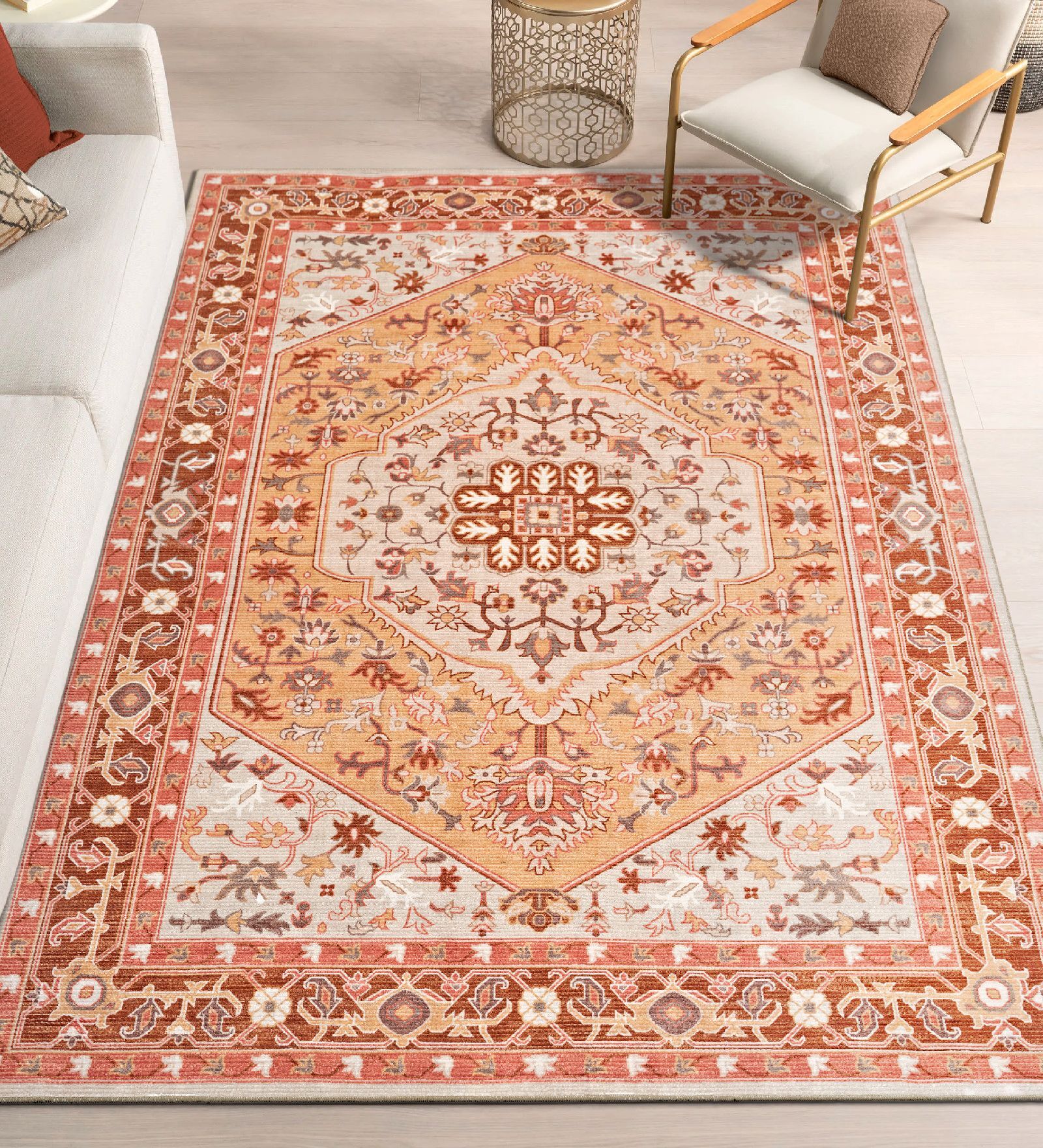 Rust Traditional Polyester 2 ft x 3 ft Machine Made Carpet