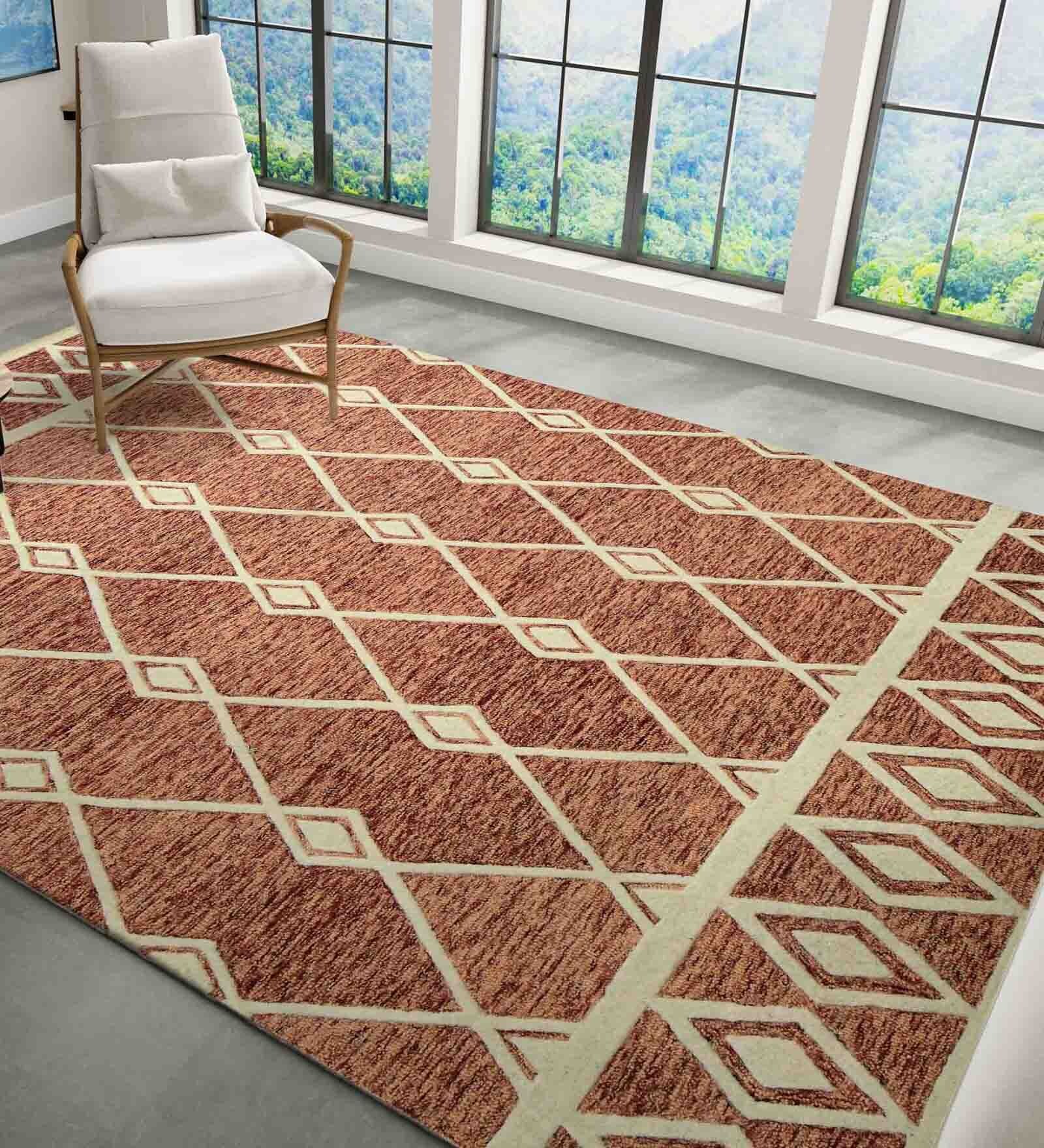 Red Geometric Wool 5 ft x 8 ft Hand Tufted Carpet