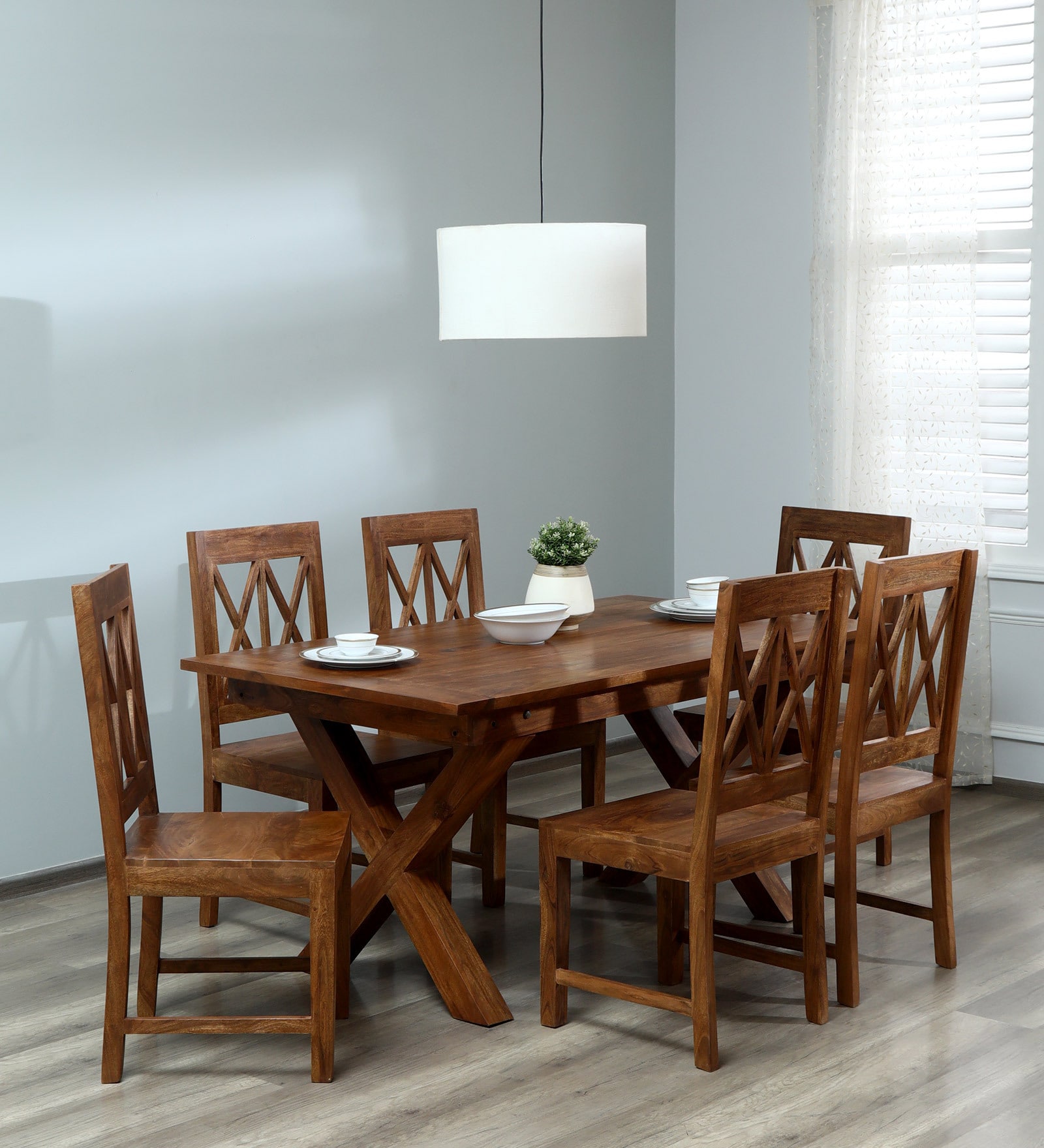 Buy Rustic Solid Wood 6 Seater Dining Set in Brown Finish at 12% OFF by ...