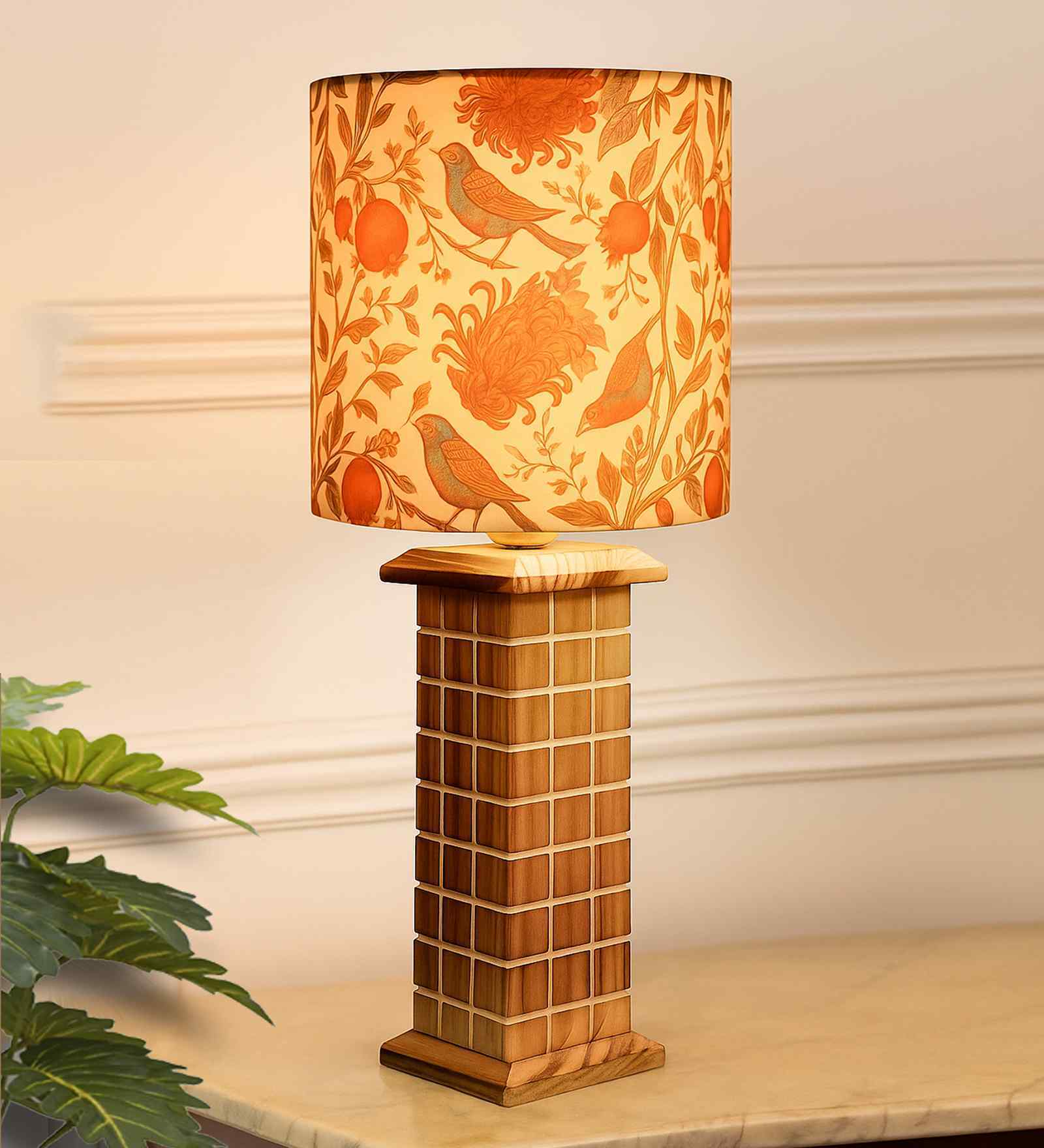 Rustic Beige Table Lamp New York Skyline Fabric Shade, Bird Drum Shade