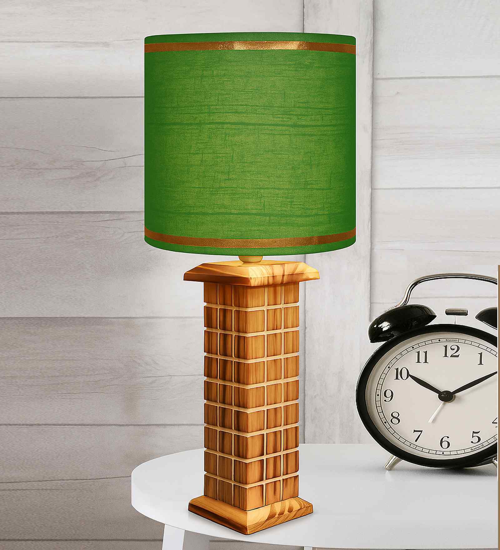 Rustic Beige Table Lamp New York Skyline Fabric Shade, Green Drum Shade