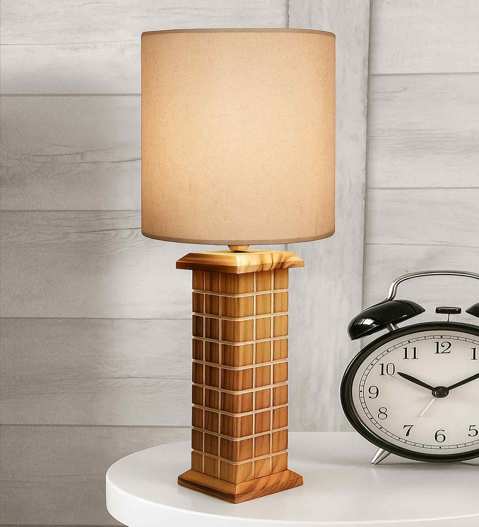 Rustic Beige Table Lamp New York Skyline Fabric Shade, Khadi Drum Shade