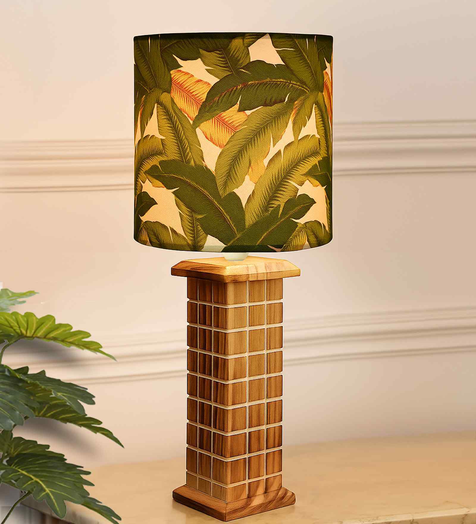 Rustic Beige Table Lamp New York Skyline Fabric Shade, Leaf Drum Shade