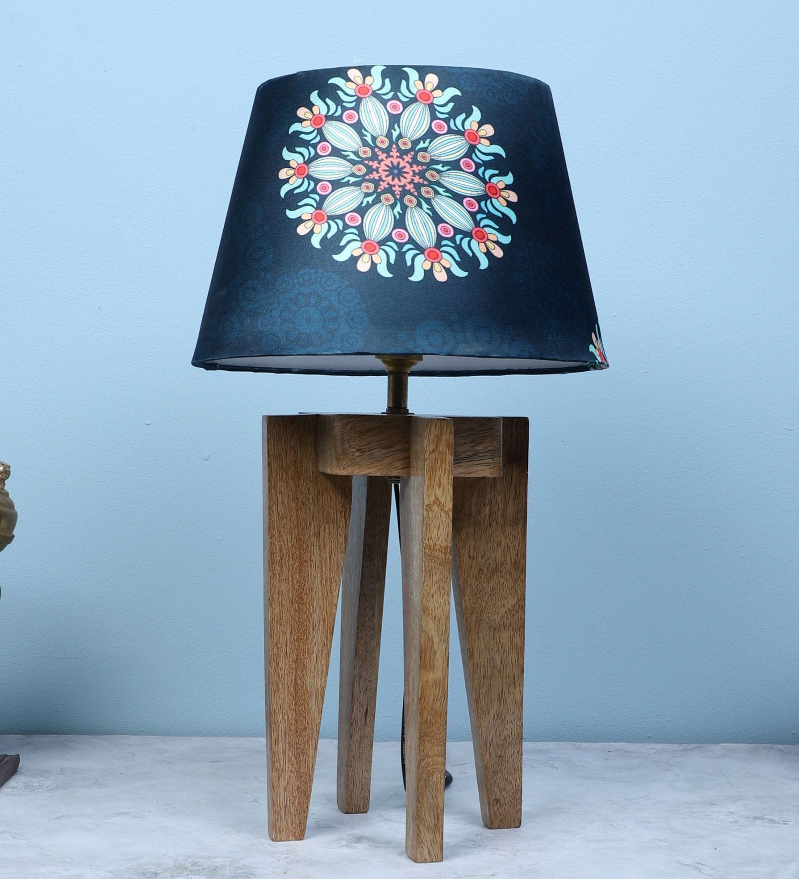 Rustic Brown Vintage Mangowood Table Lamp With French Floral Print Satin Shade