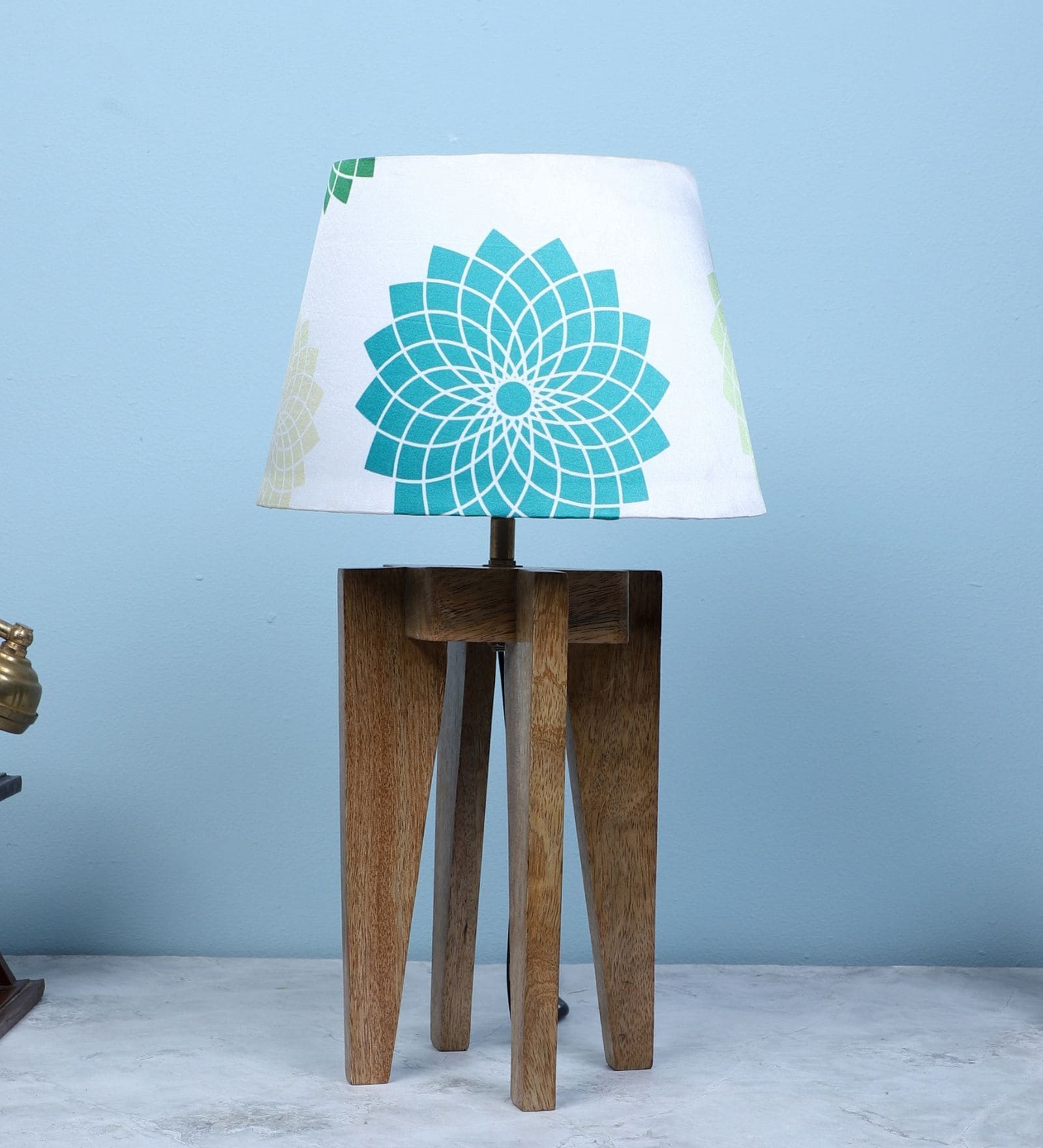 Rustic Brown Vintage Mangowood Table Lamp With Dahlia Floral Print Satin Shade