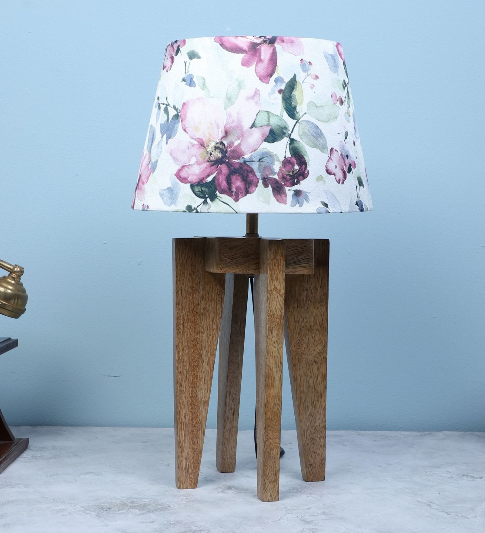 Rustic Brown Vintage Mangowood Table Lamp With Cobra Saffron Print Satin Shade