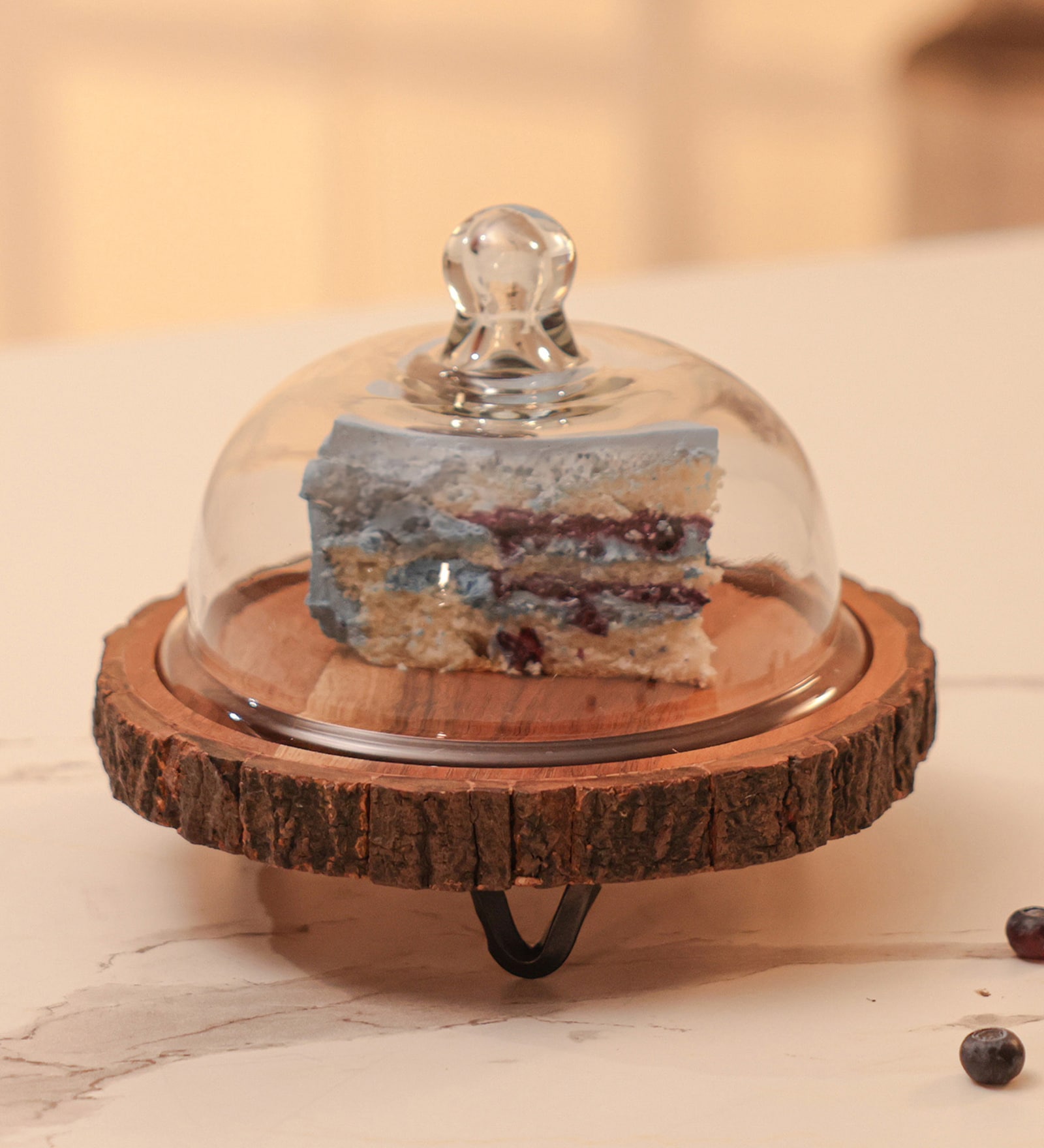 Rustic Charm Brown Acacia Wood & Glass Cake Stand with Glass Dome