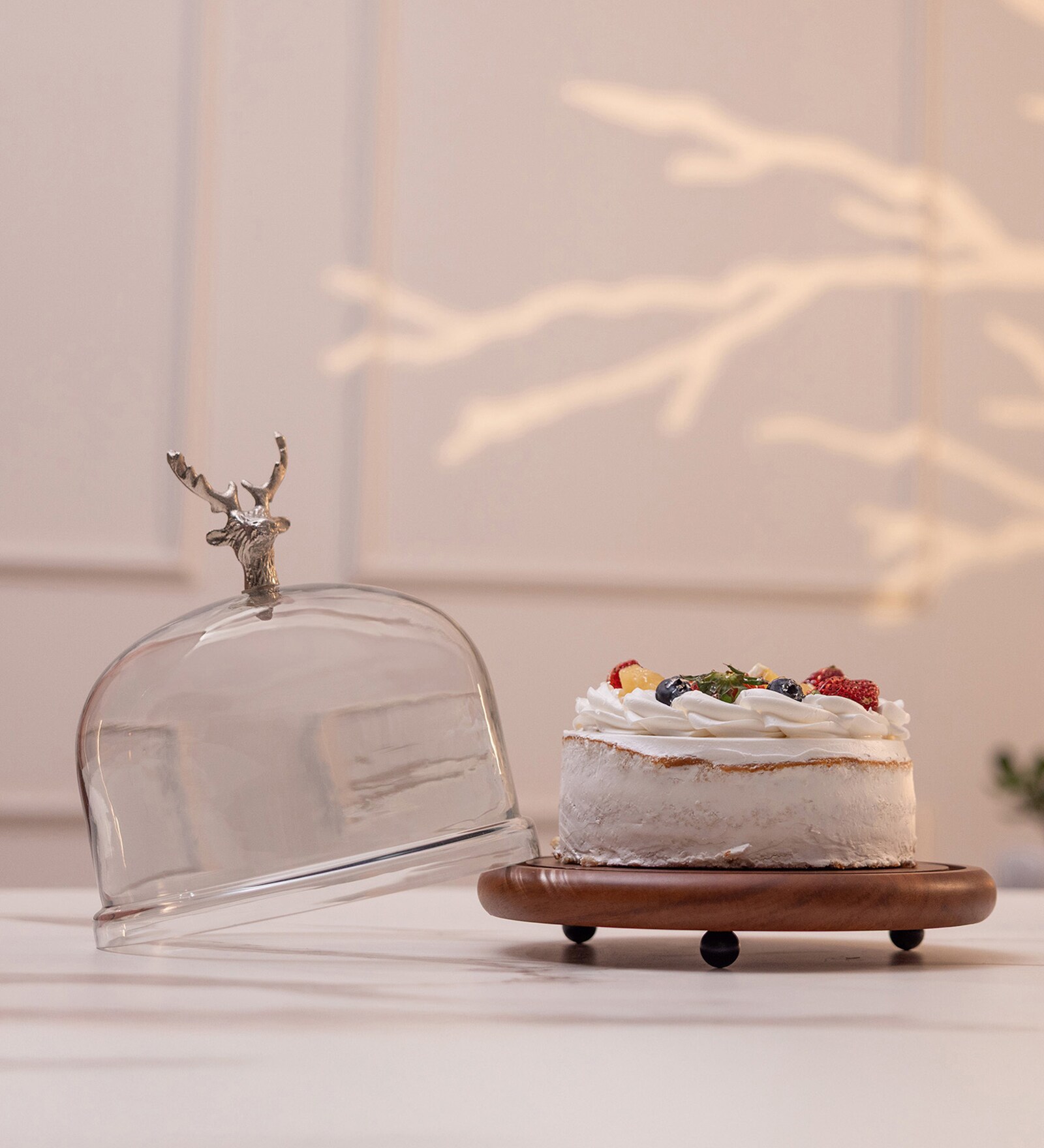 Rustic Charm Acacia Wood Cake Dome with Glass Lid & Aluminium Knob