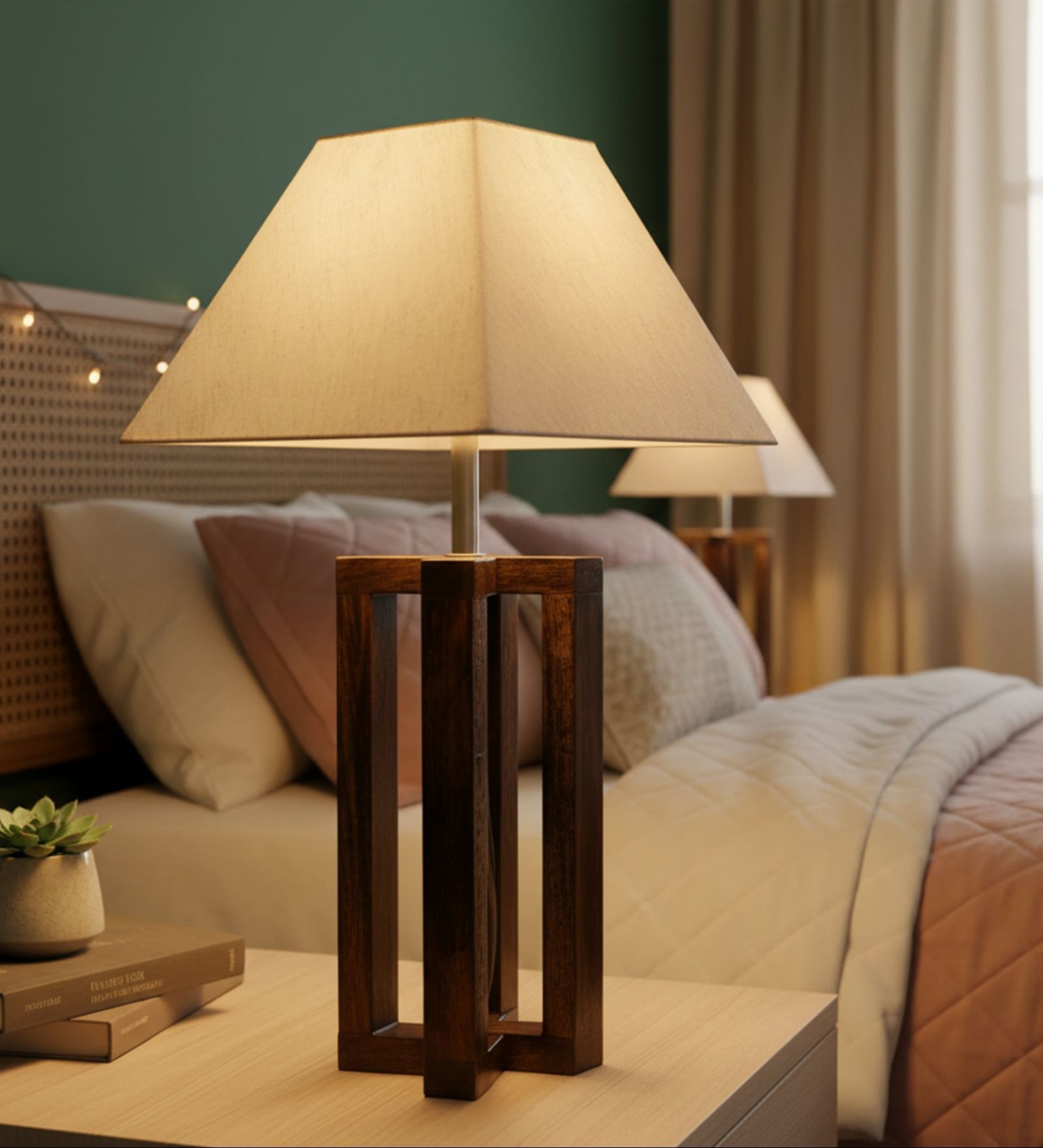 Rustic Dark Wood Table Lamp with Square Flex Fabric Shade
