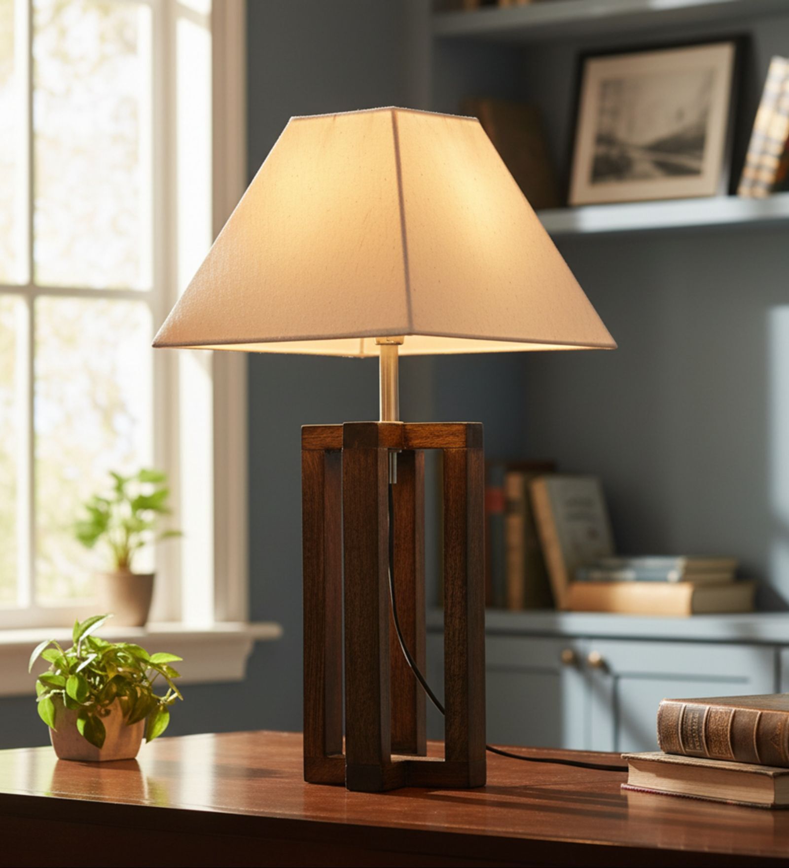 Rustic Dark Wood Table Lamp with Square White Fabric Shade