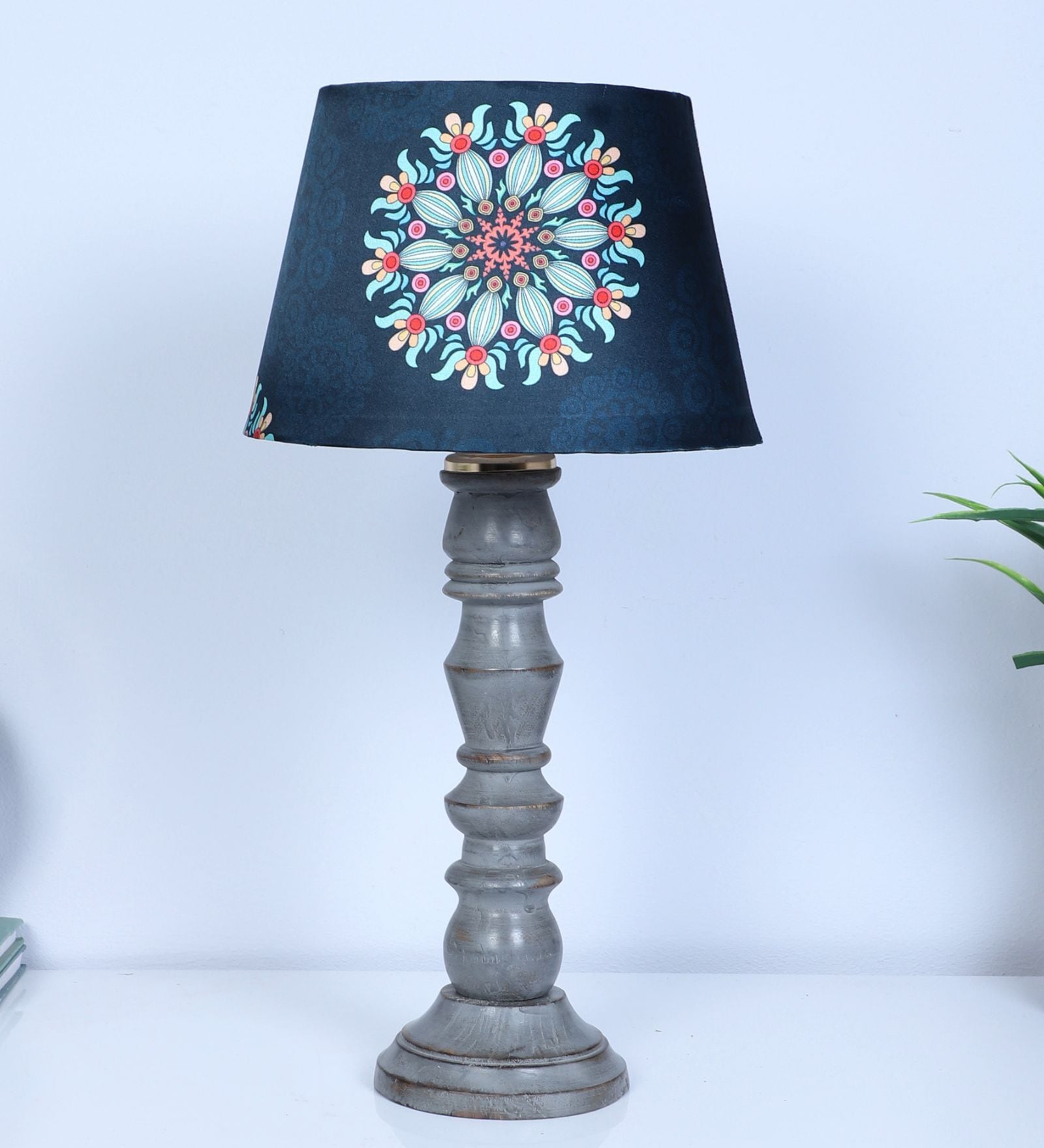 Rustic Grey Mangowood Table Lamp With French Floral Print Satin Shade