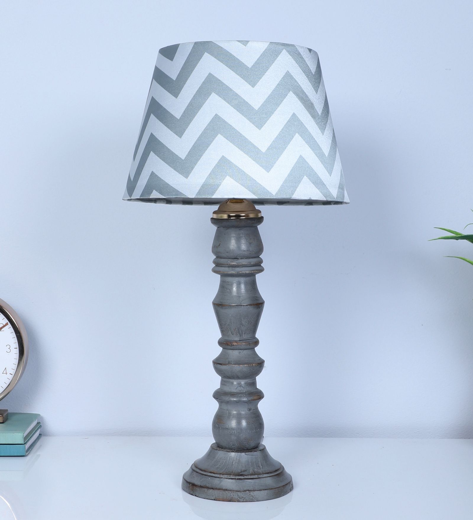 Rustic Grey Mangowood Table Lamp With Maze Print Satin Shade
