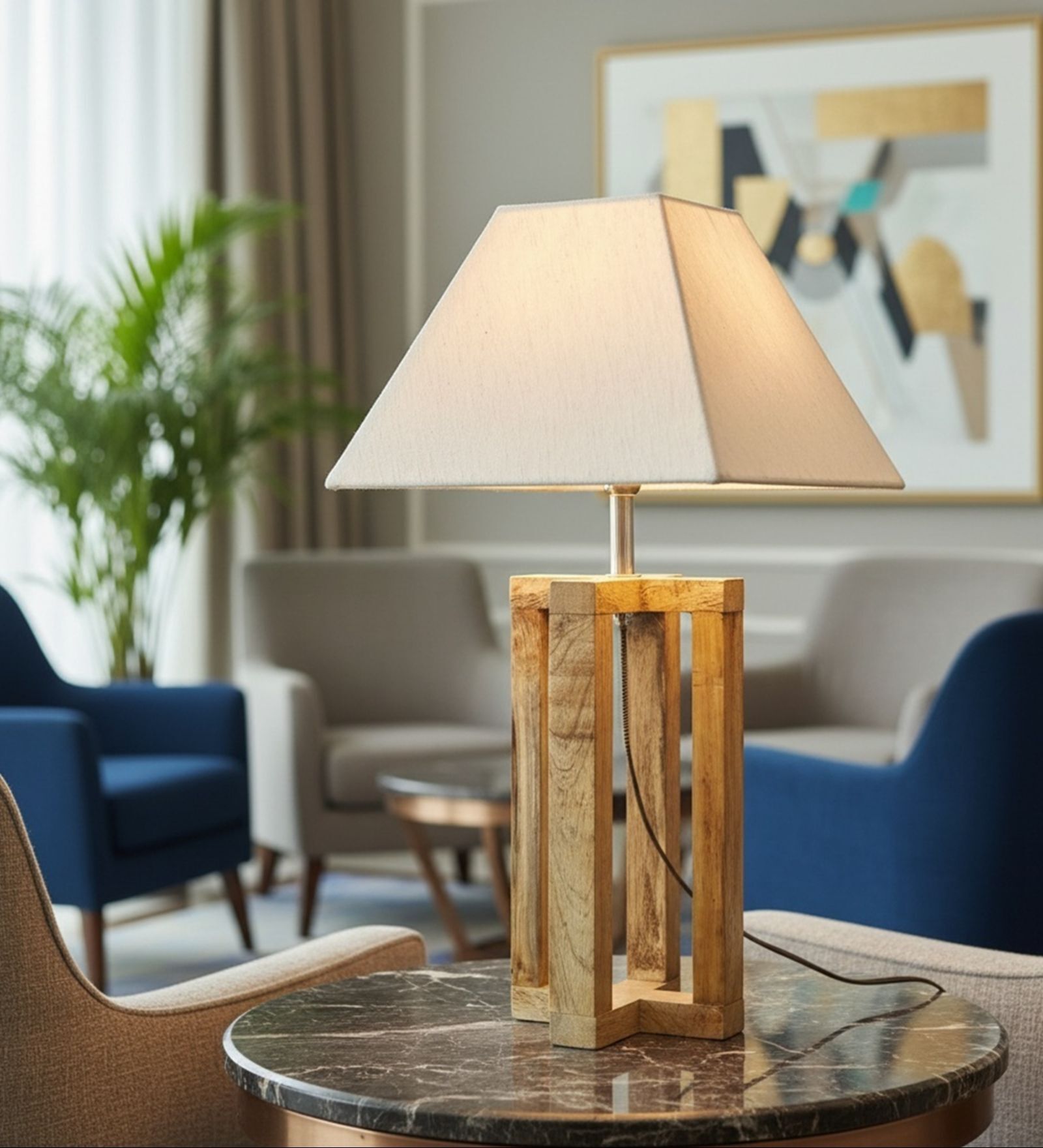 Rustic Natural Wood Table Lamp with Square Flex Fabric Shade