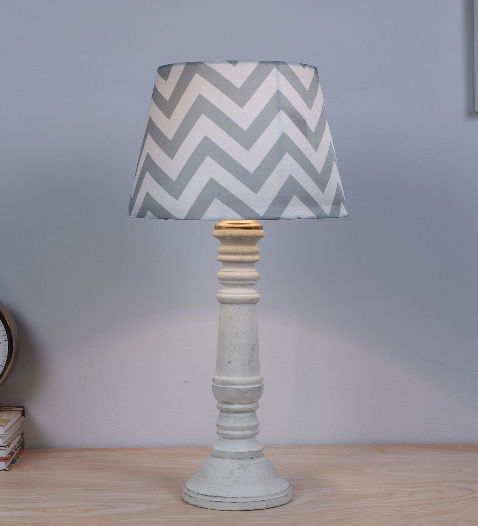 Rustic White Mangowood Table Lamp With Maze Print Satin Shade