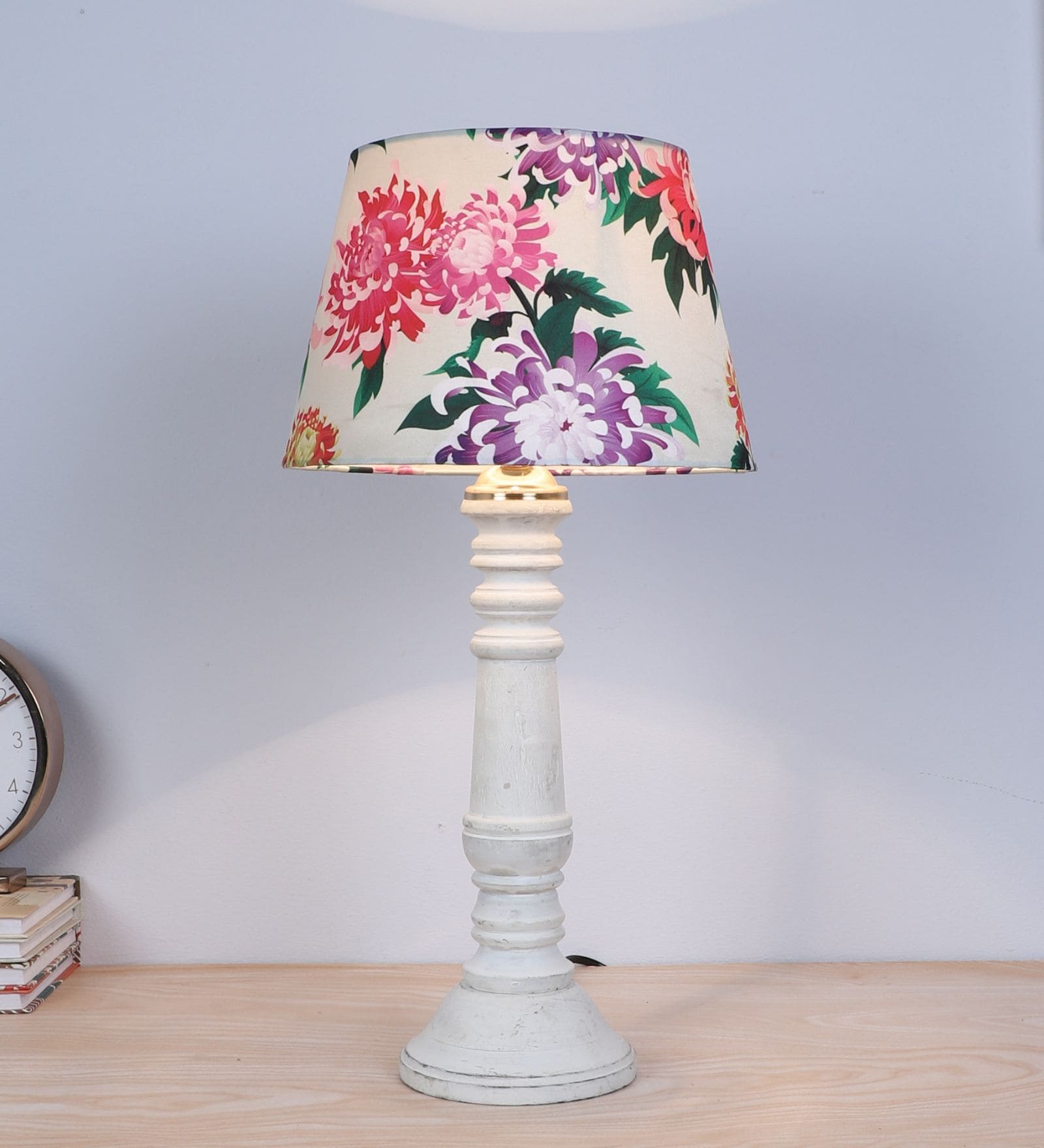 Rustic White Mangowood Table Lamp With Carnation Print Satin Shade