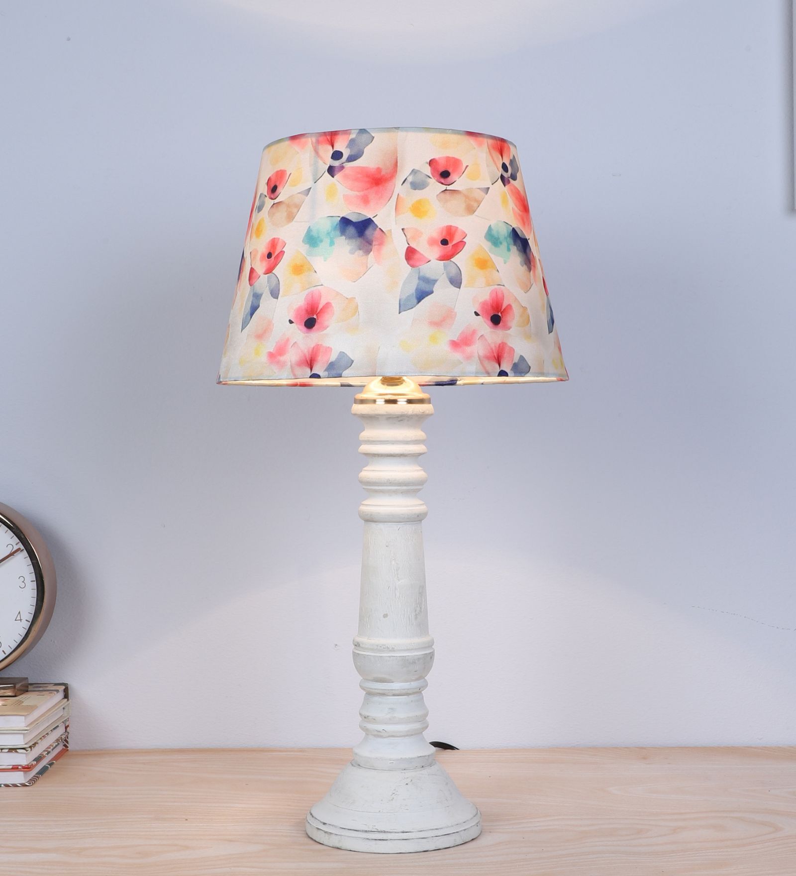 Rustic White Mangowood Table Lamp With Flower Print Satin Shade