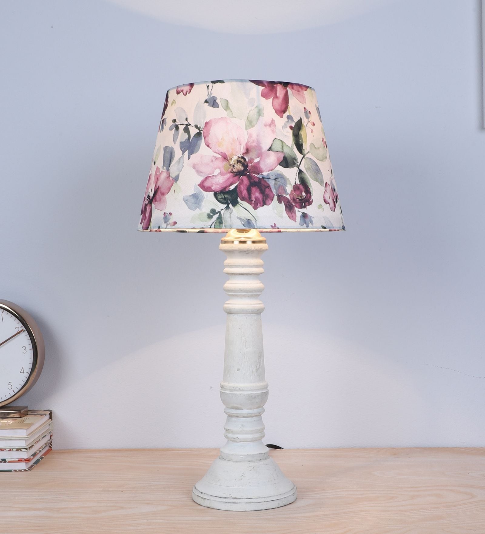 Rustic White Mangowood Table Lamp With Cobra Saffron Print Satin Shade